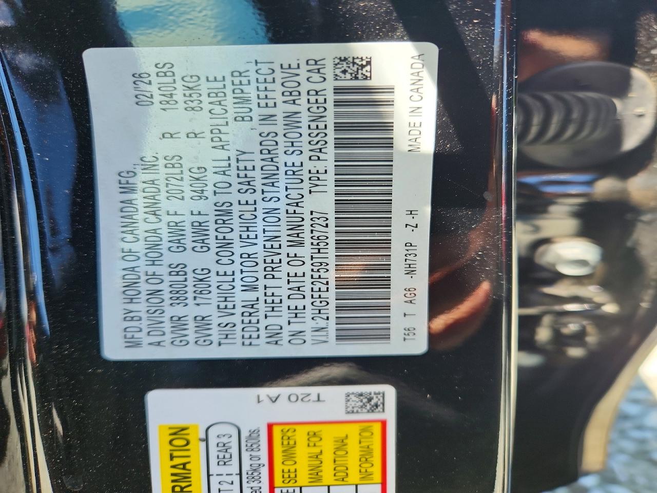2026 Honda Civic Sport Black vin: 2HGFE2F59TH567237