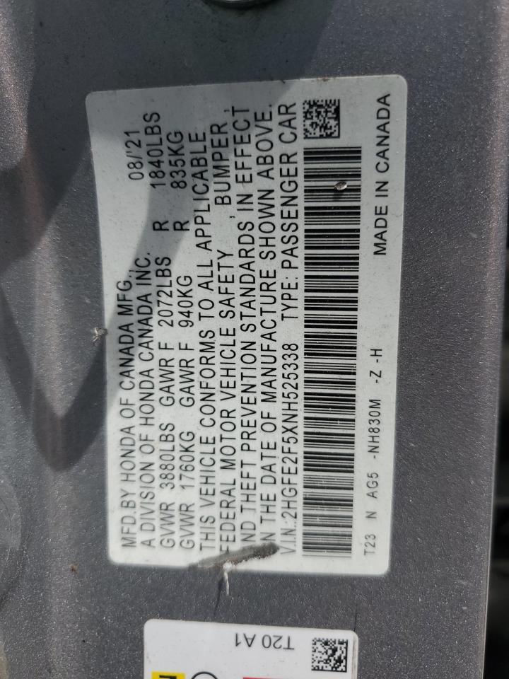 2022 Honda Civic Gray vin: 2HGFE2F5XNH525338