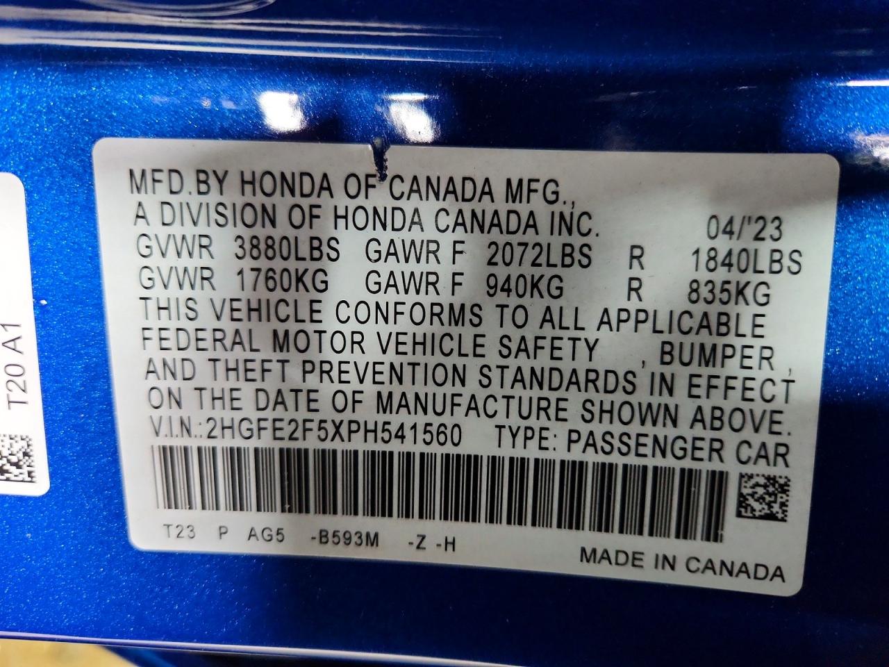 2023 Honda Civic Sport Blue vin: 2HGFE2F5XPH541560