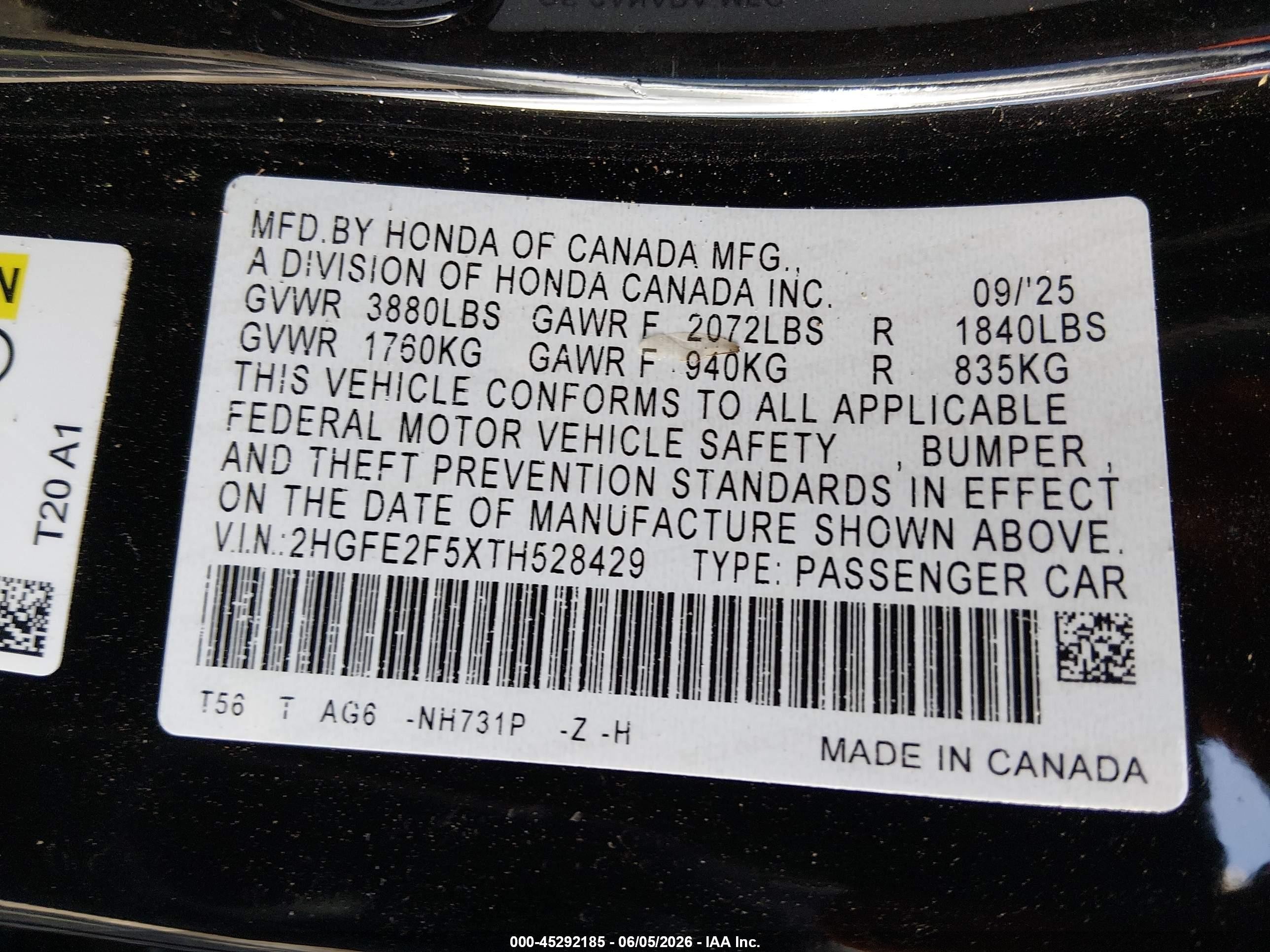 2026 Honda Civic Sport Black vin: 2HGFE2F5XTH528429