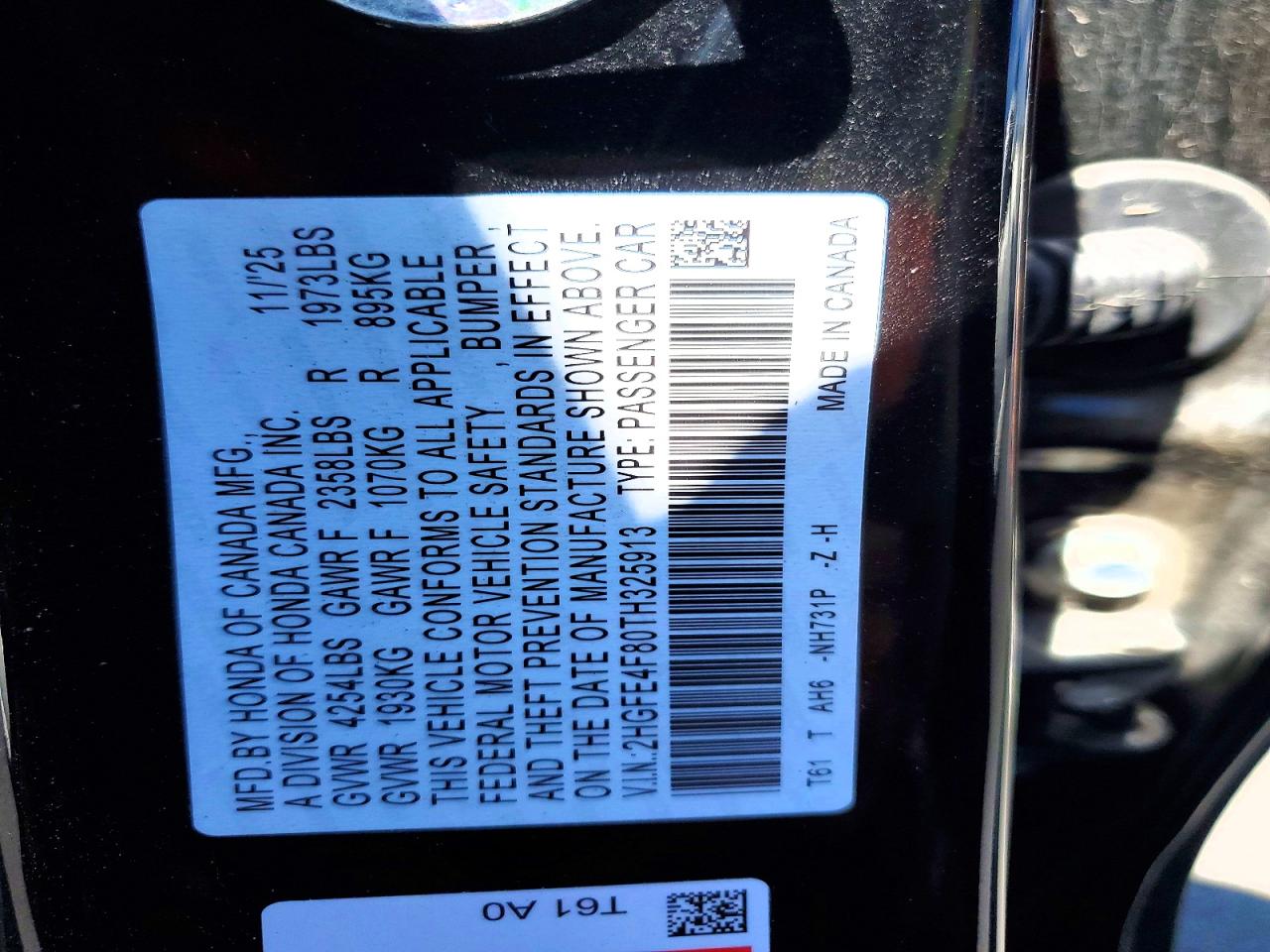 2026 Honda Civic Black vin: 2HGFE4F80TH325913