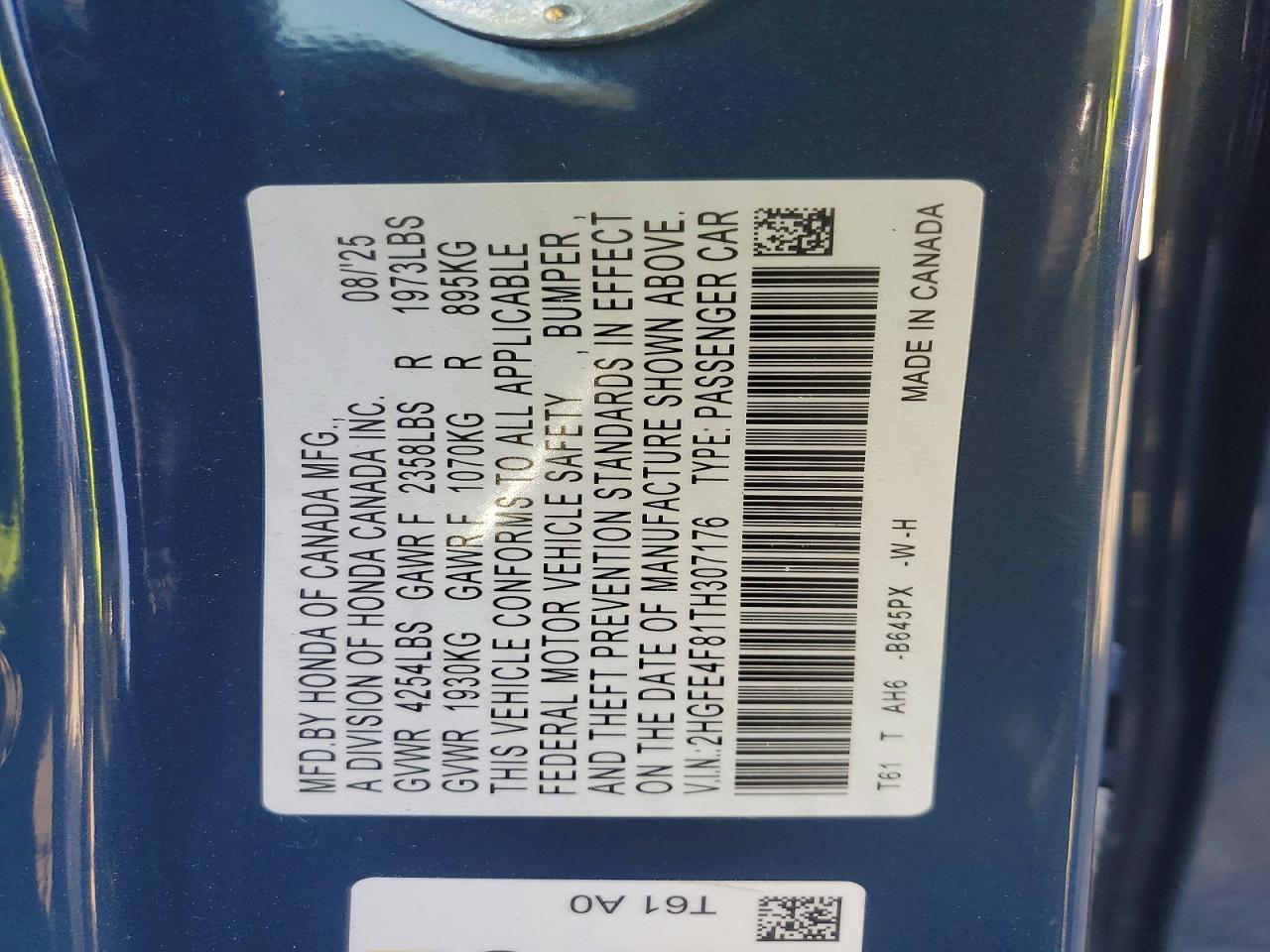 2026 Honda Civic Sport Blue vin: 2HGFE4F81TH307176