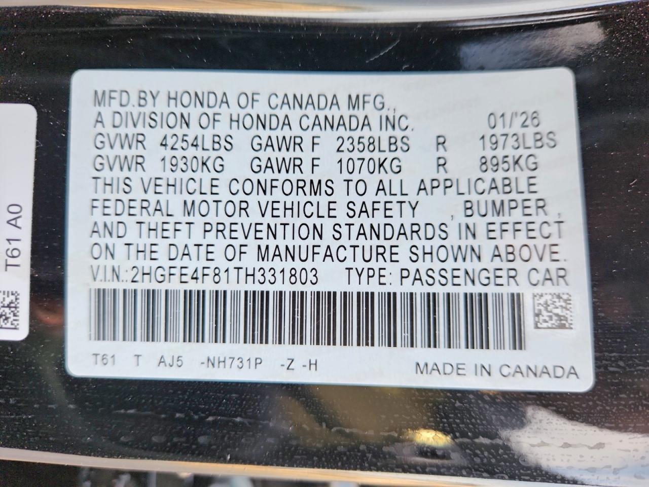 2026 Honda Civic Sport Black vin: 2HGFE4F81TH331803