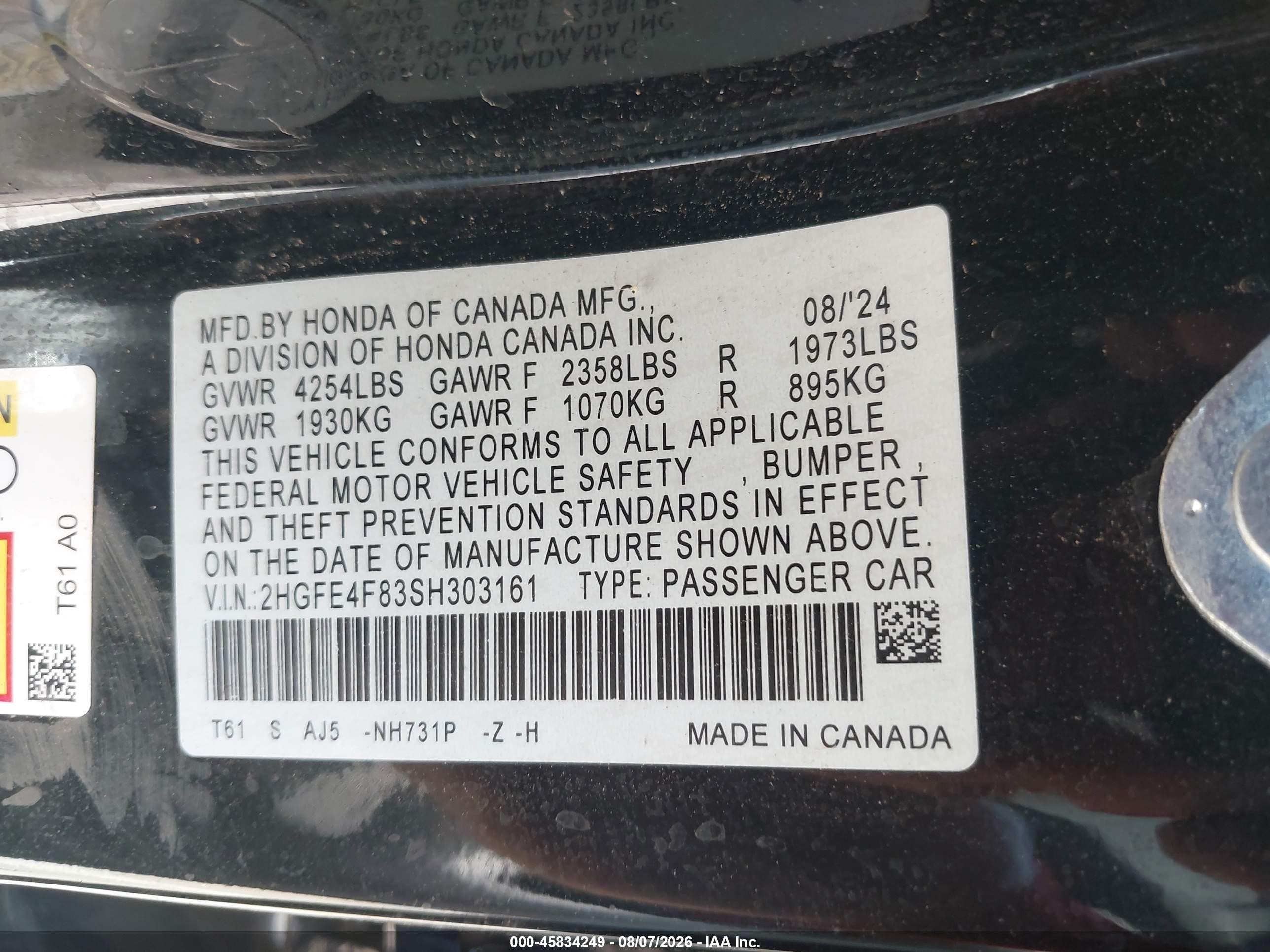 2025 Honda Civic  Hybrid Sport/sport Touring Black vin: 2HGFE4F83SH303161