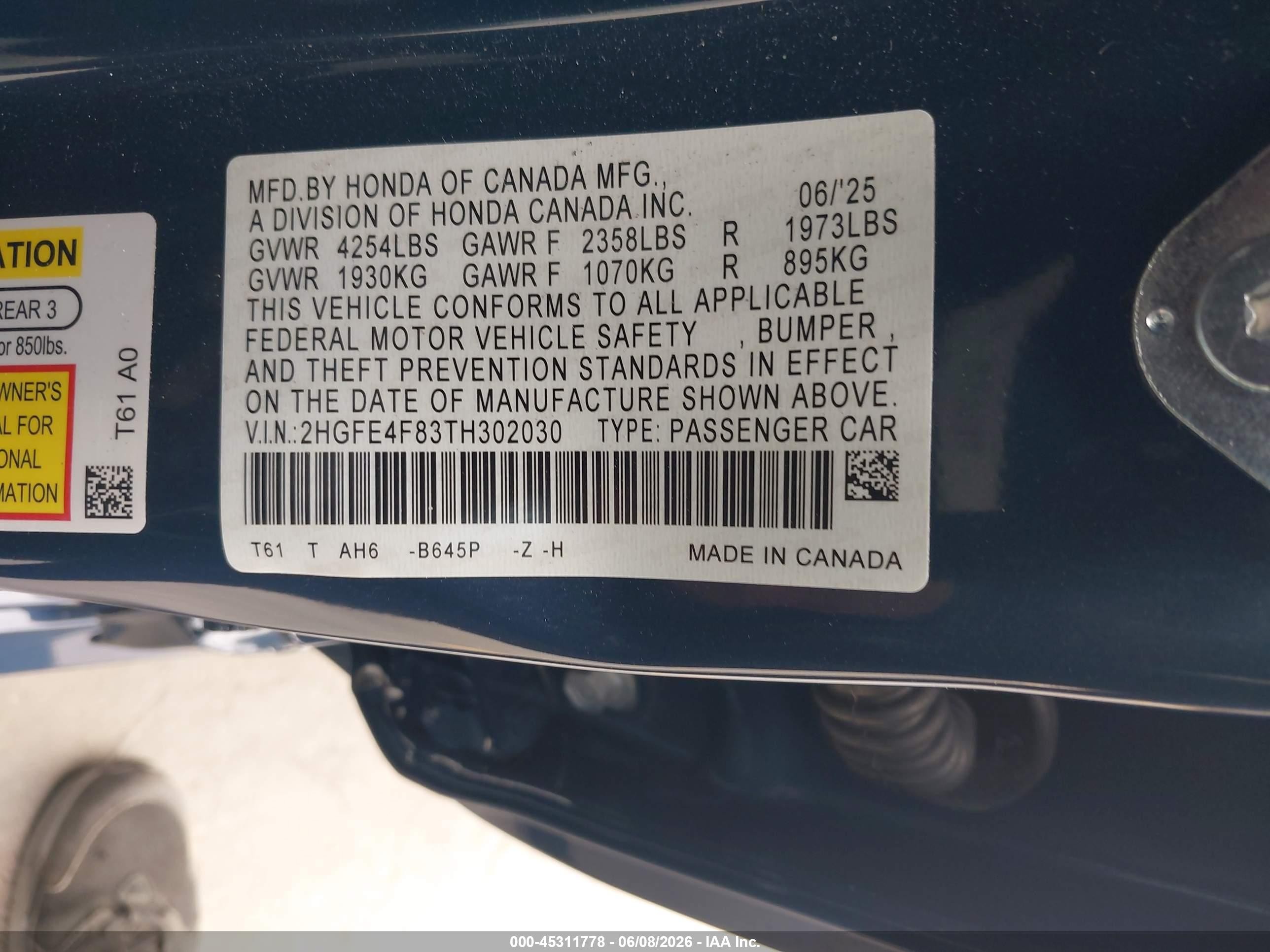 2026 Honda Civic Hybrid Sport/sport Touring Blue vin: 2HGFE4F83TH302030