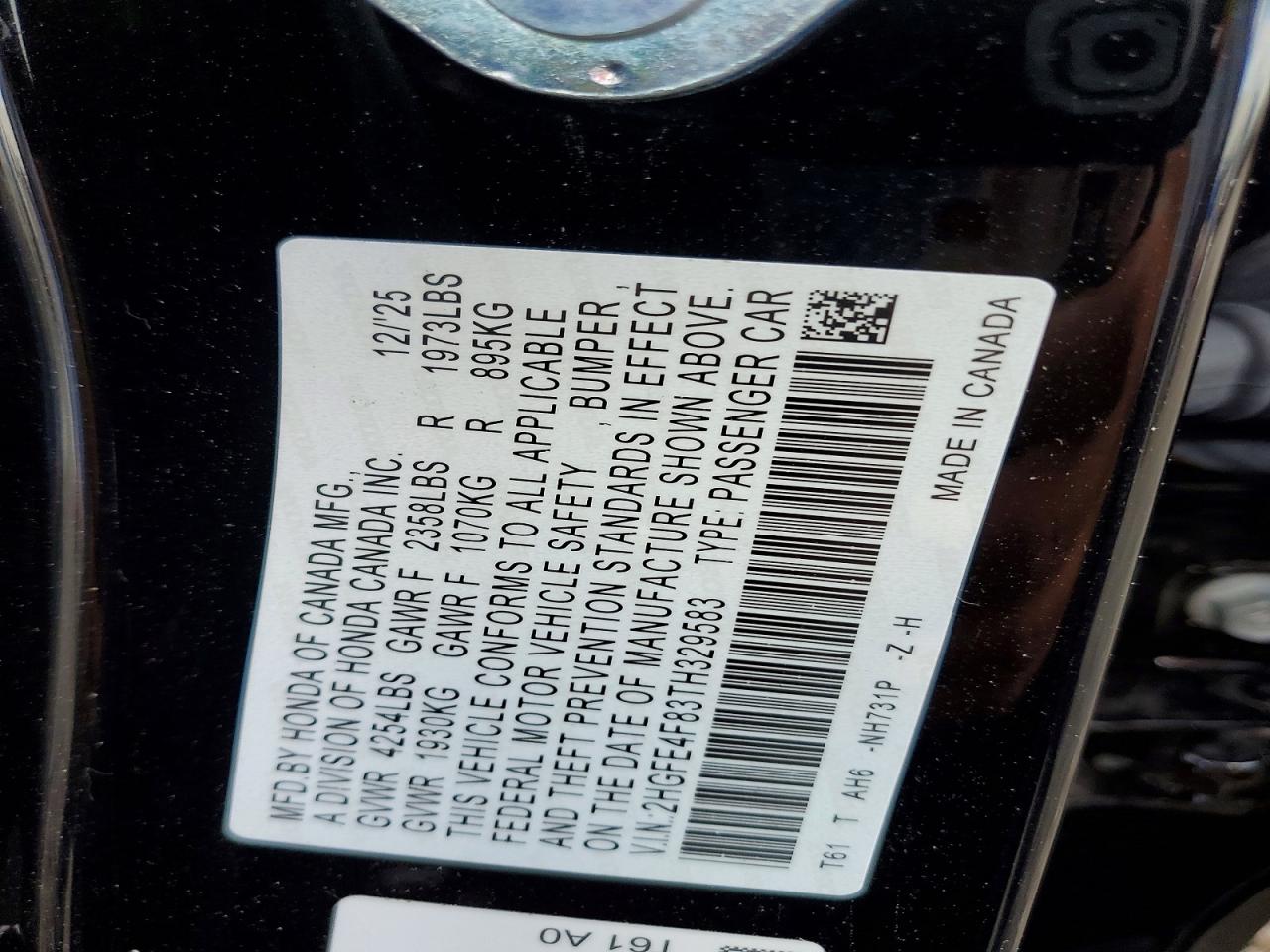 2026 Honda Civic Sport Black vin: 2HGFE4F83TH329583