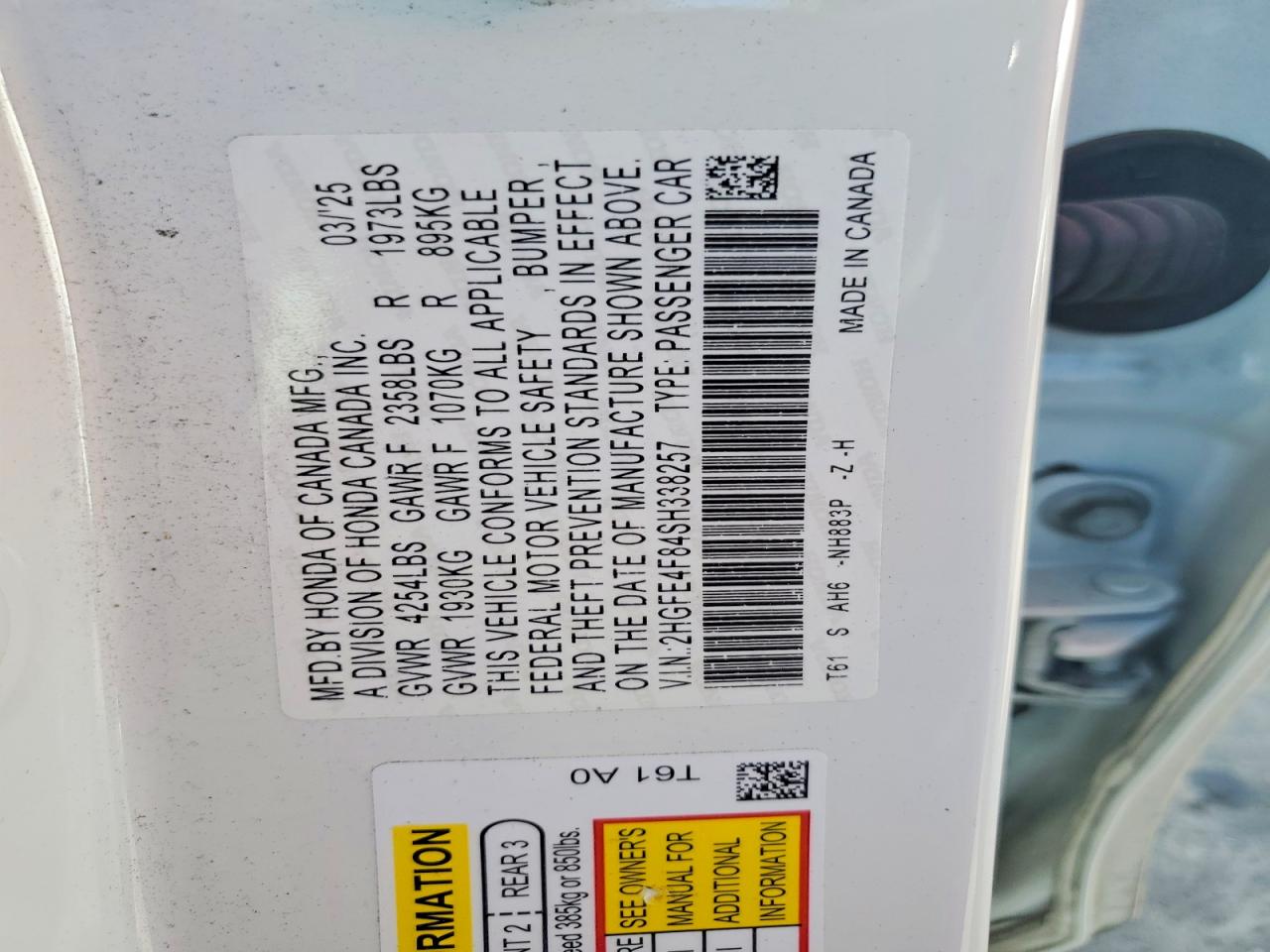 2025 Honda Civic Sport White vin: 2HGFE4F84SH338257