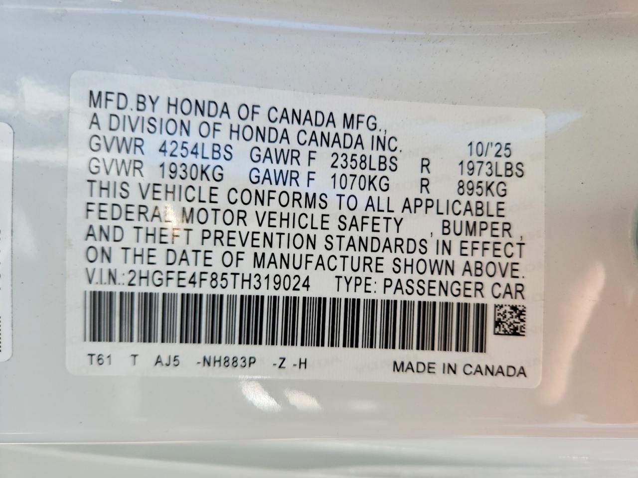 2026 Honda Civic Sport White vin: 2HGFE4F85TH319024