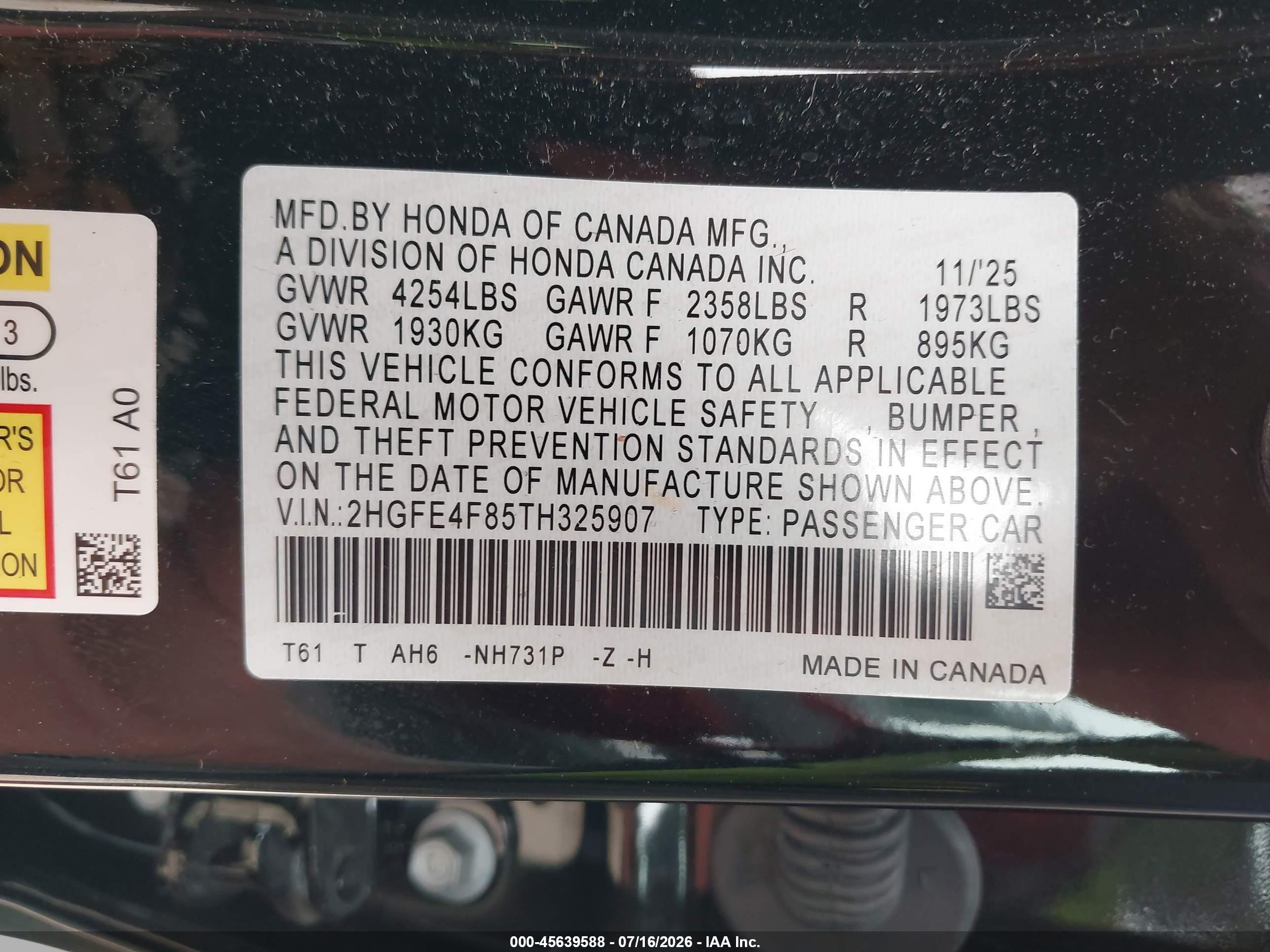 2026 Honda Civic Hybrid Sport/sport Touring Black vin: 2HGFE4F85TH325907