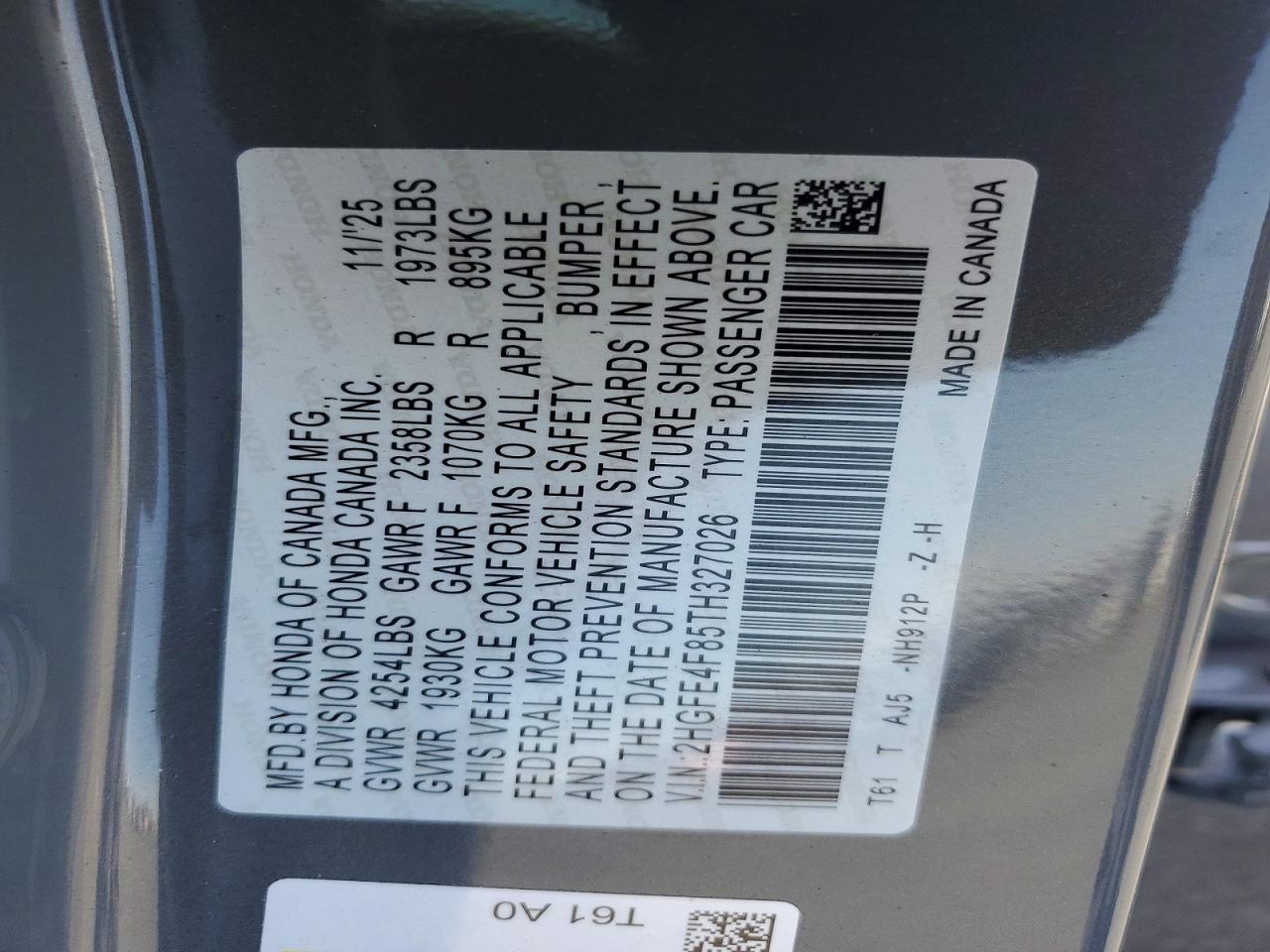 2026 Honda Civic Sport Gray vin: 2HGFE4F85TH327026