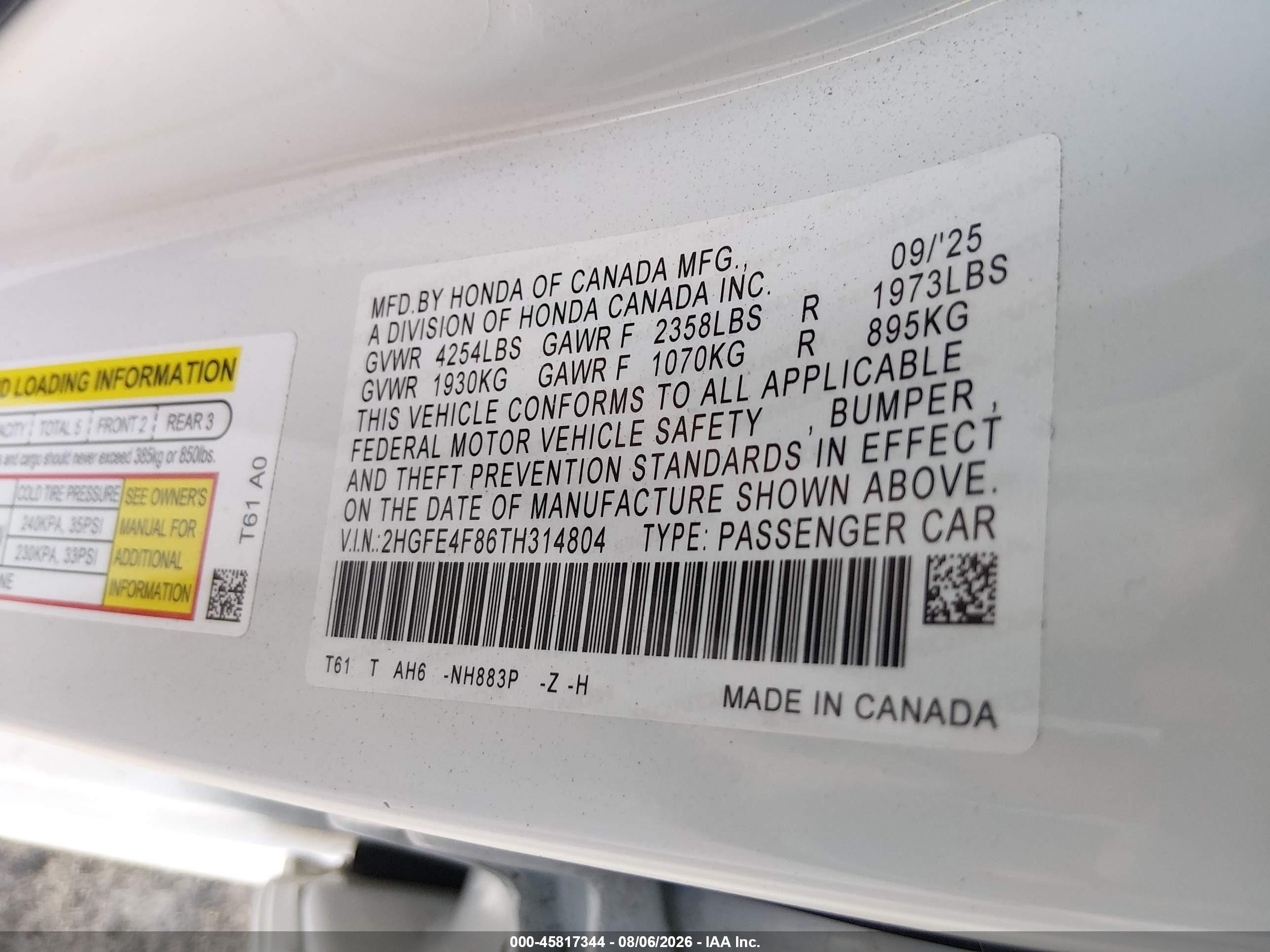 2026 Honda Civic Hybrid Sport/sport Touring White vin: 2HGFE4F86TH314804