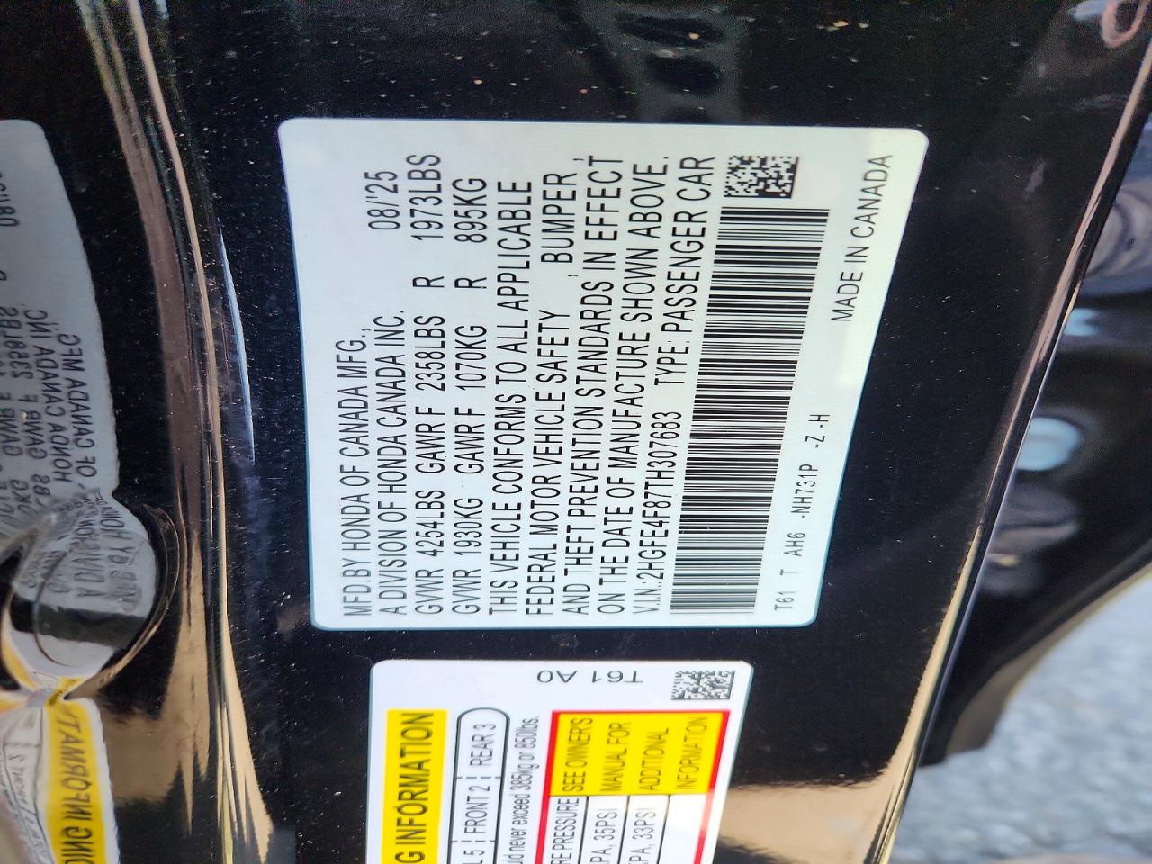 2026 Honda Civic Sport Black vin: 2HGFE4F87TH307683