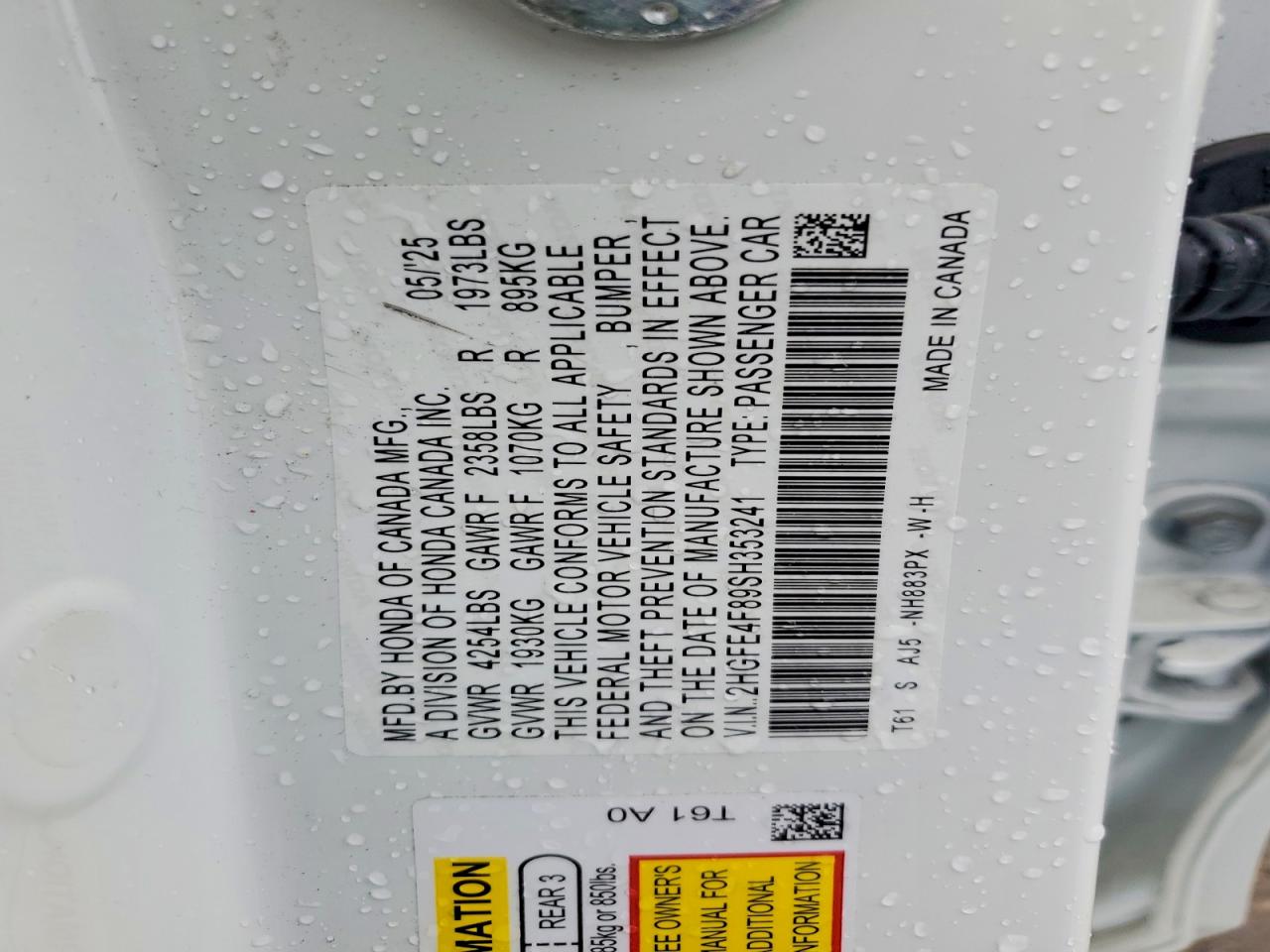 2025 Honda Civic Sport White vin: 2HGFE4F89SH353241