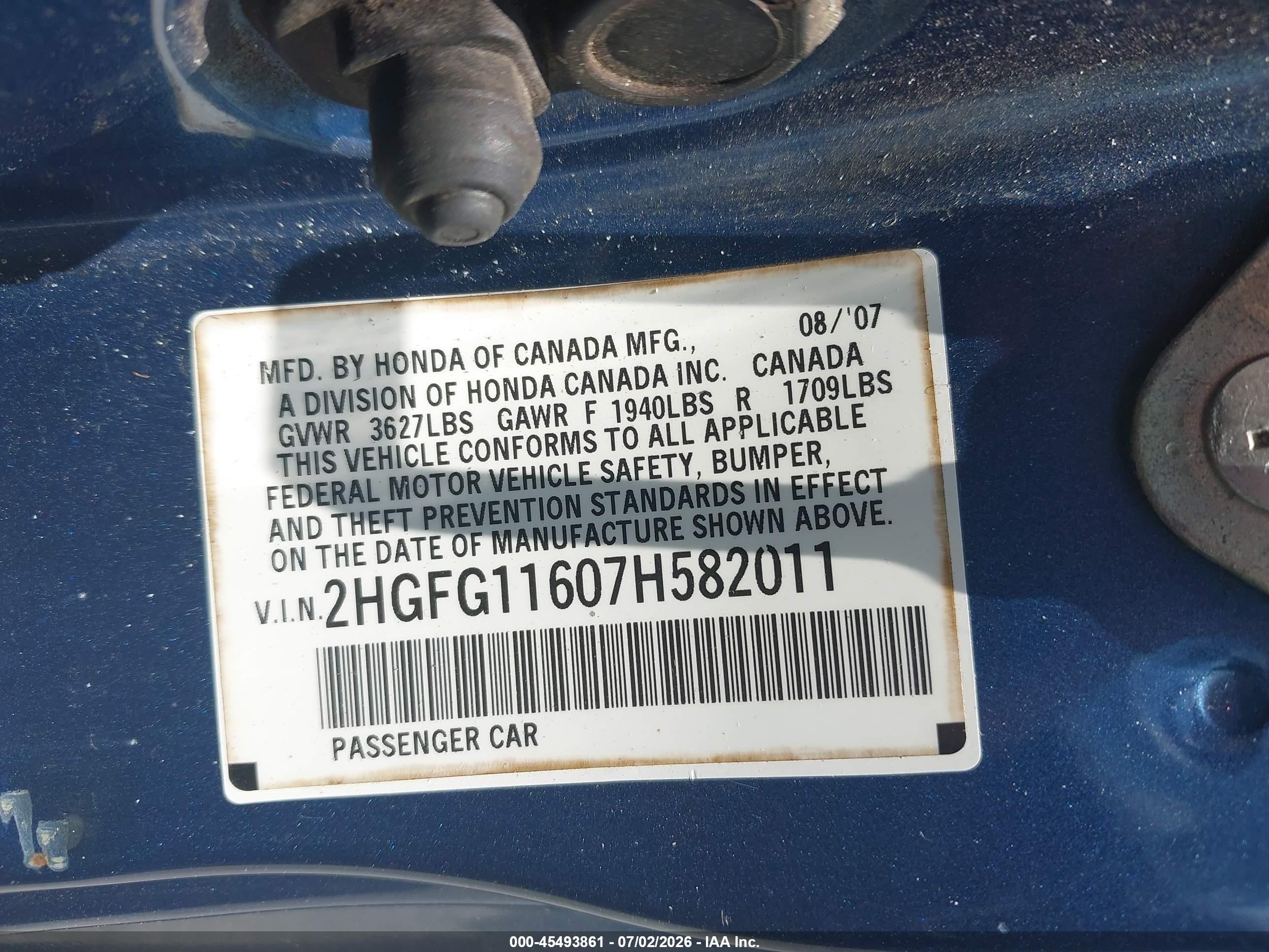 2007 Honda Civic Lx Blue vin: 2HGFG11607H582011