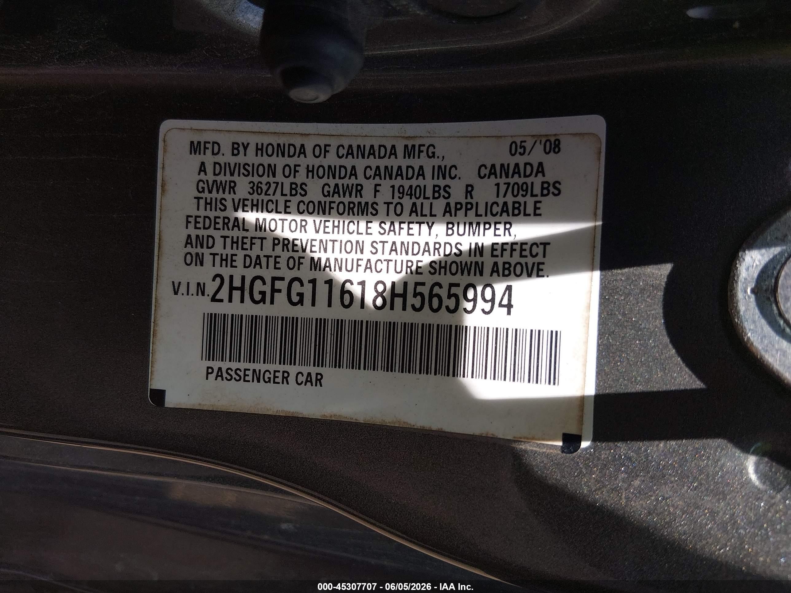 2008 Honda Civic Lx Серый vin: 2HGFG11618H565994