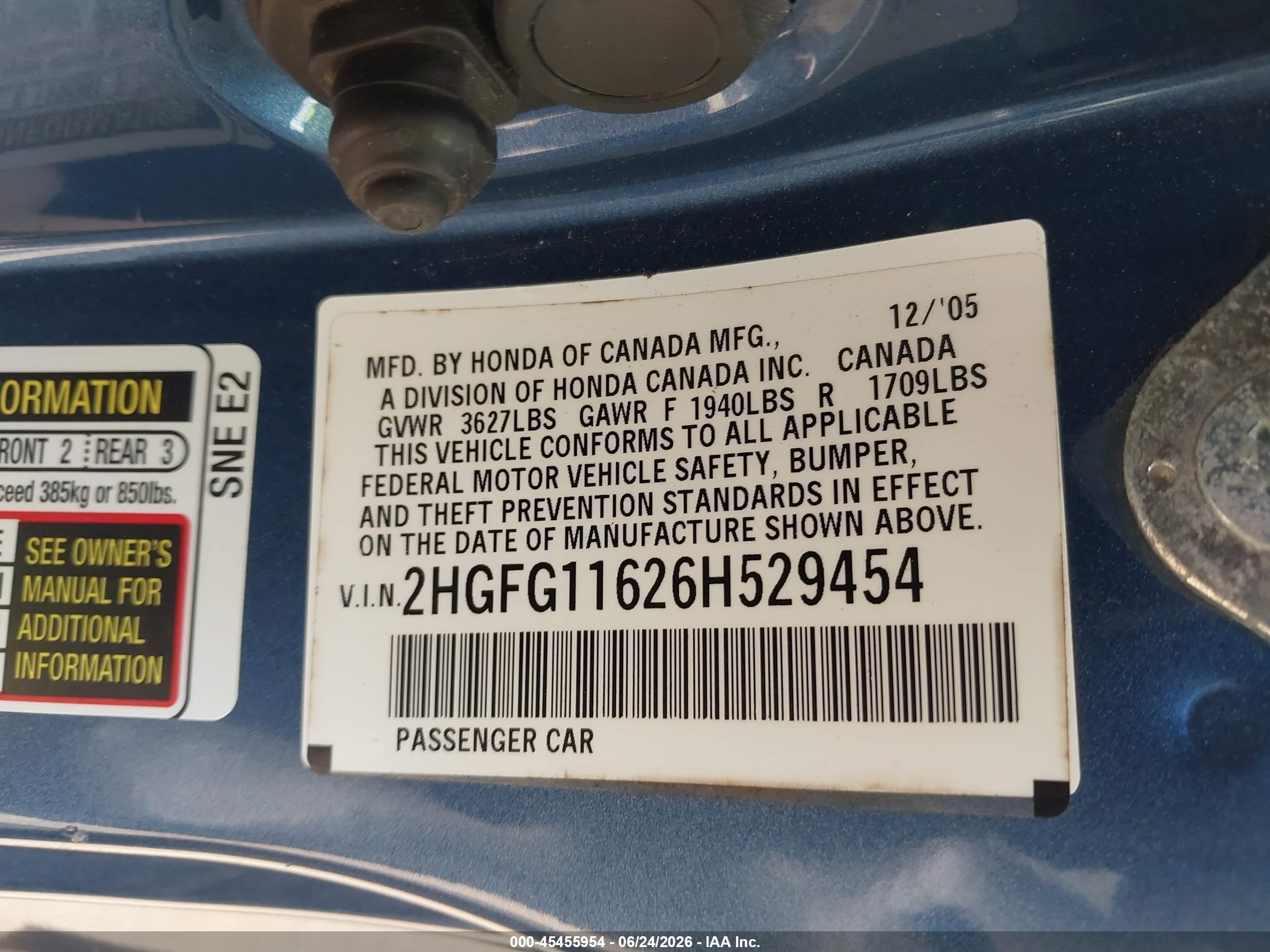 2006 Honda Civic Lx Синий vin: 2HGFG11626H529454