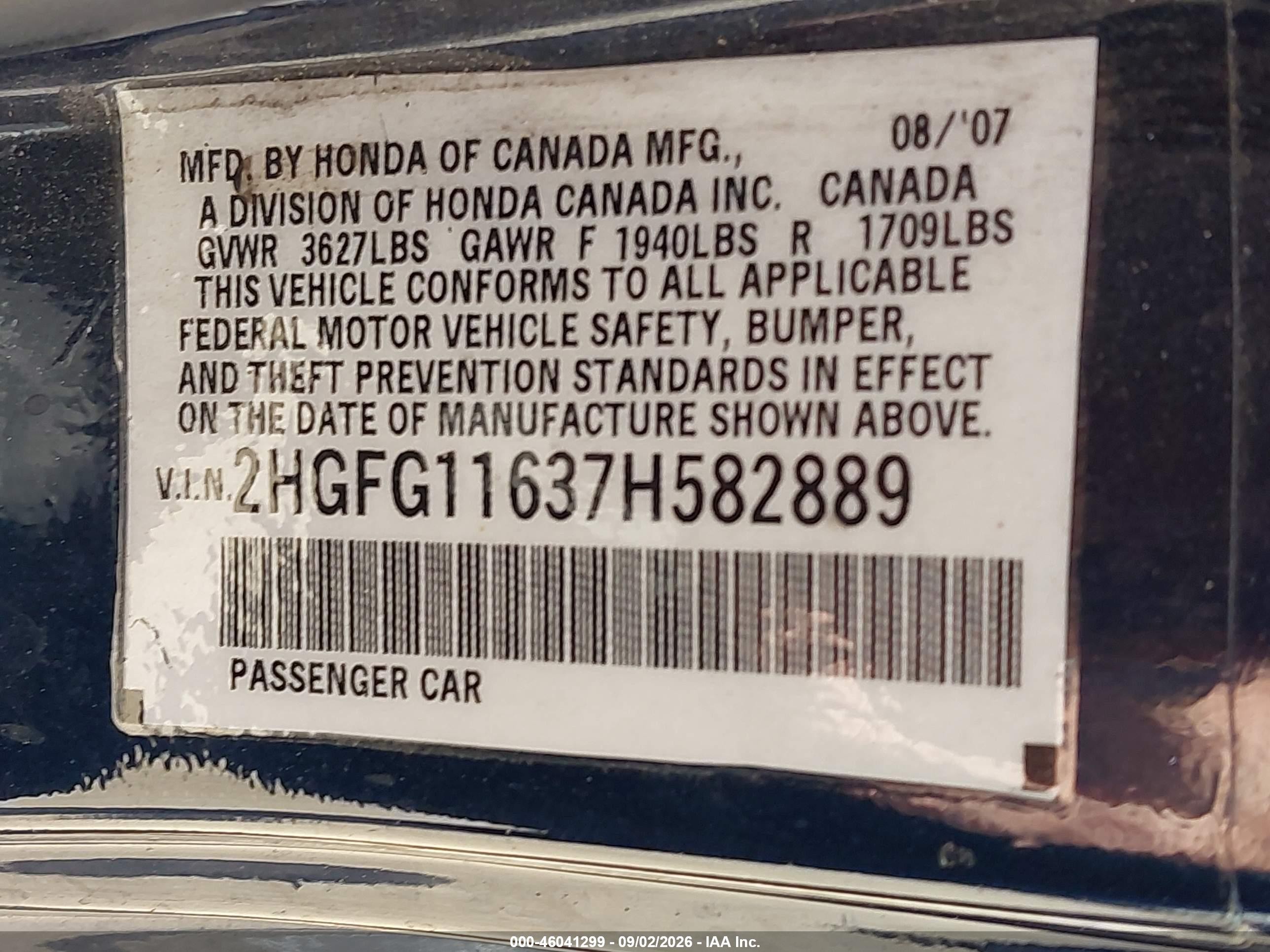 2007 Honda Civic Lx Blue vin: 2HGFG11637H582889
