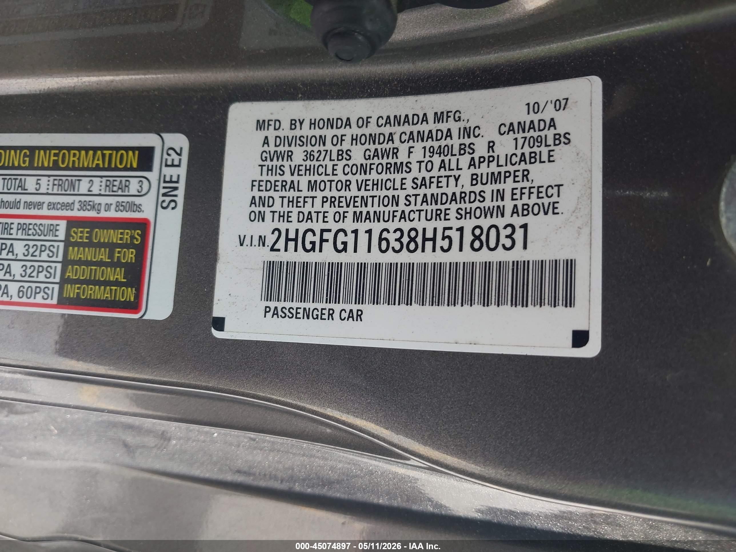 2008 Honda Civic Lx Gray vin: 2HGFG11638H518031