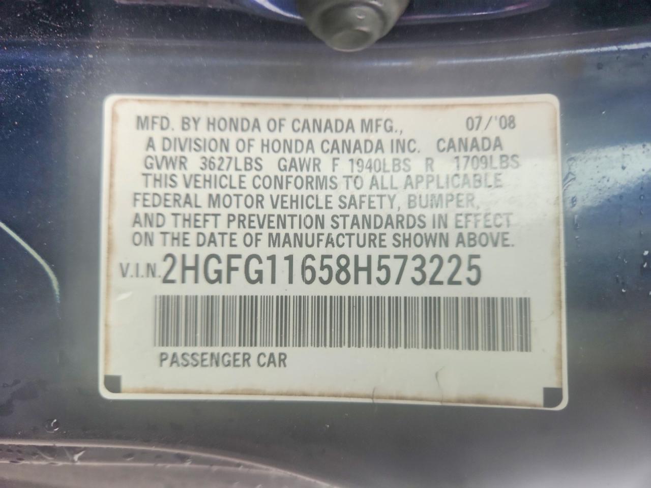 2008 Honda Civic Lx Blue vin: 2HGFG11658H573225