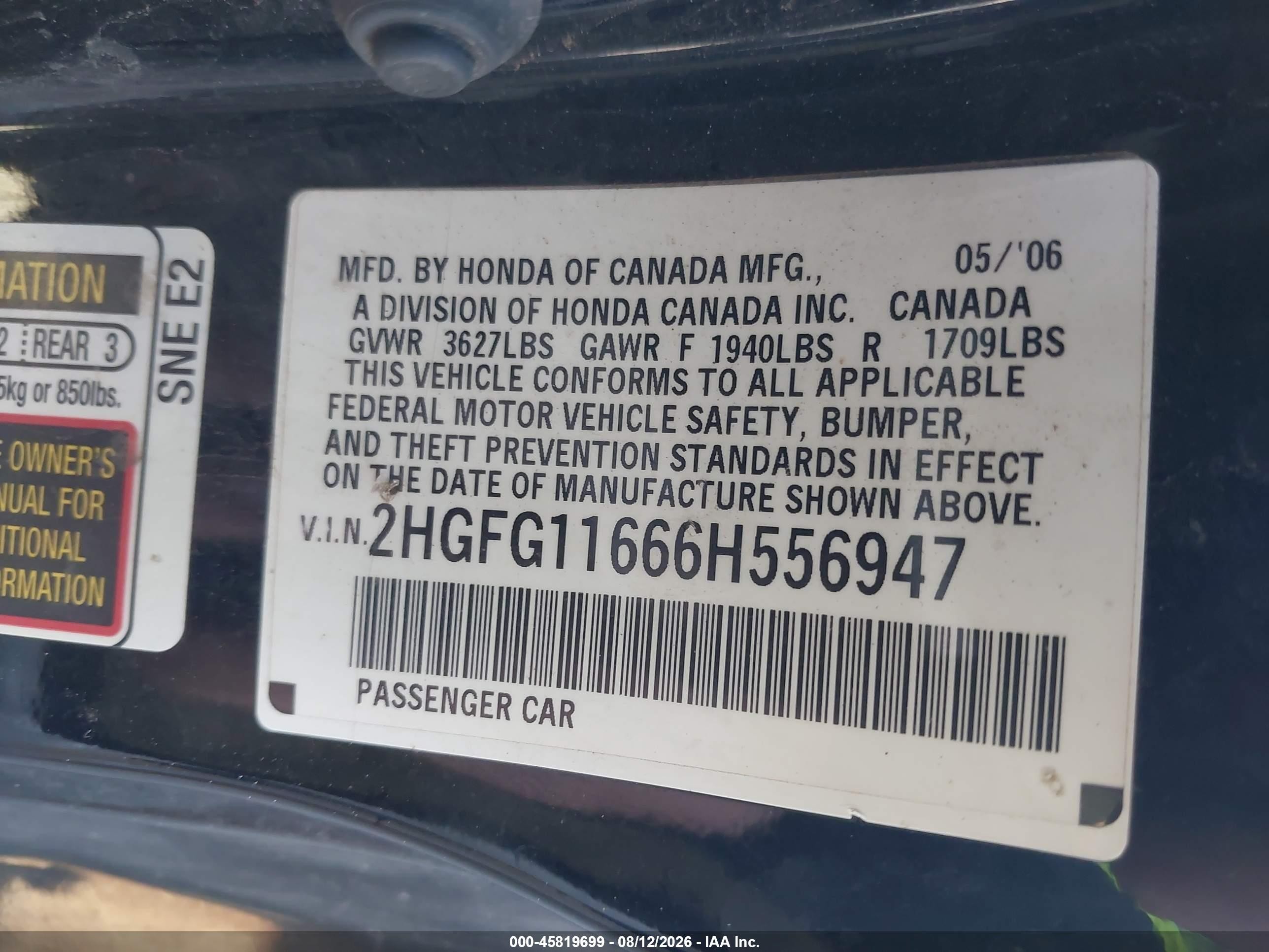 2006 Honda Civic Lx Black vin: 2HGFG11666H556947