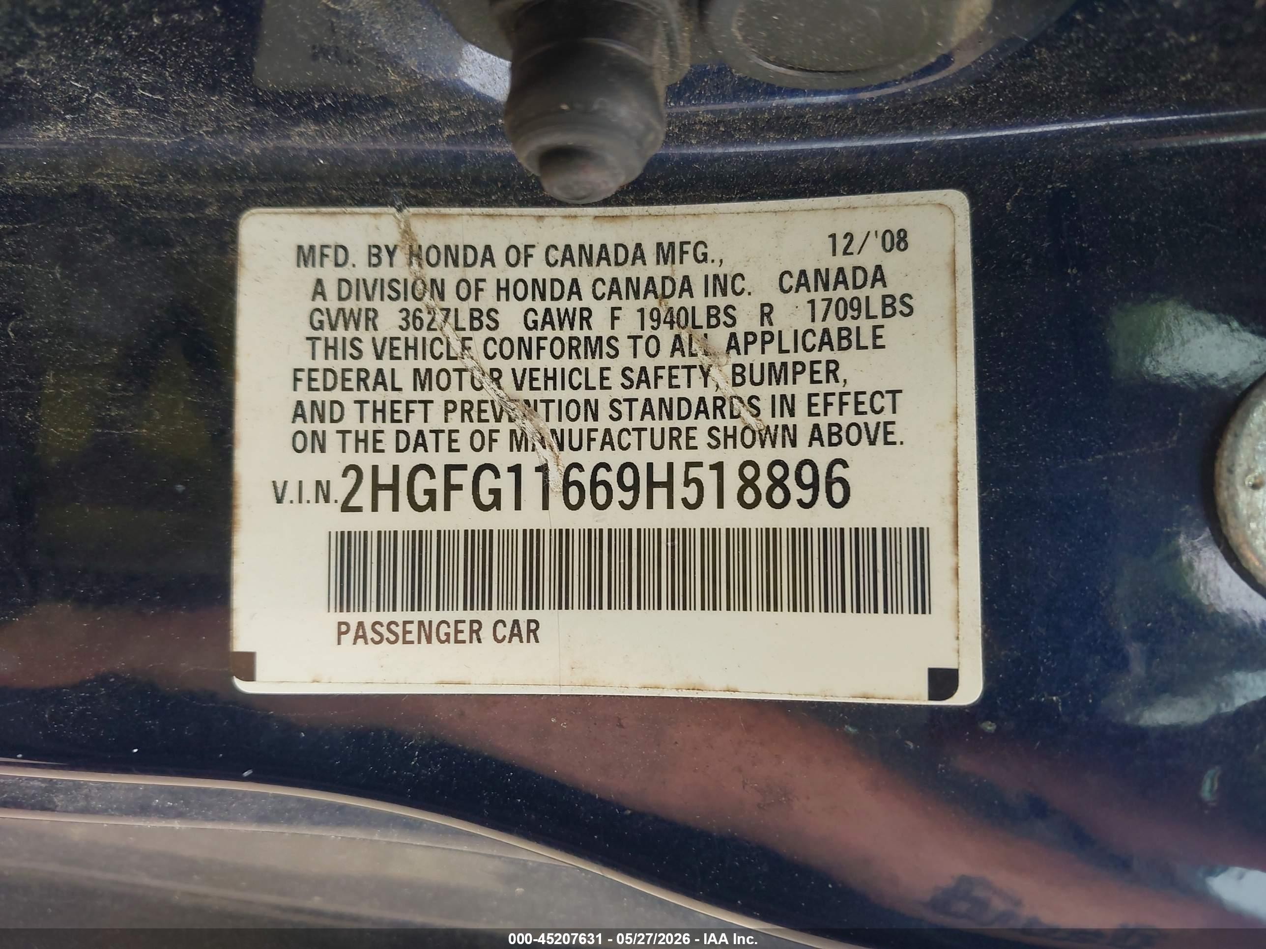 2009 Honda Civic Lx Blue vin: 2HGFG11669H518896