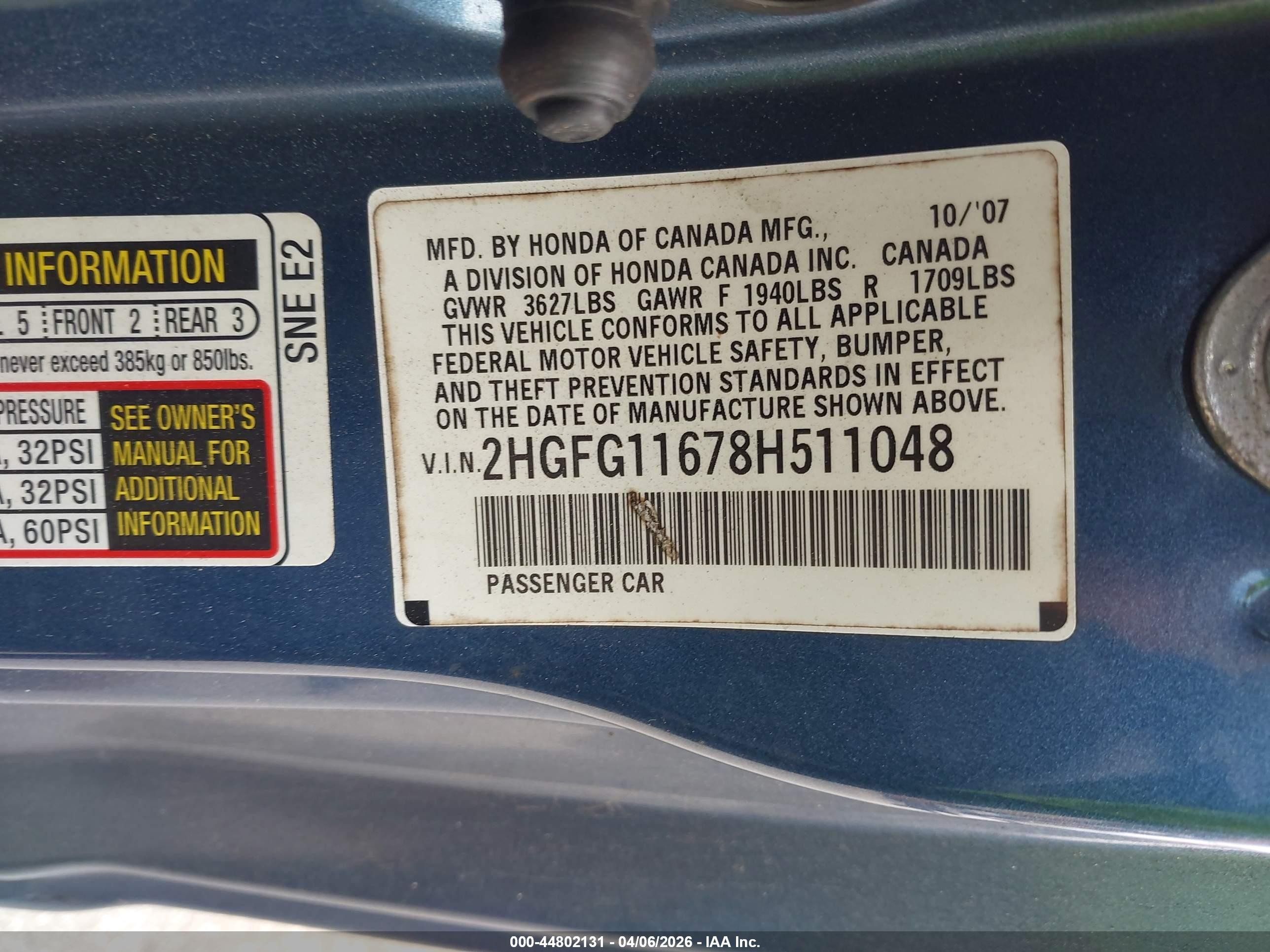 2008 Honda Civic Lx Blue vin: 2HGFG11678H511048