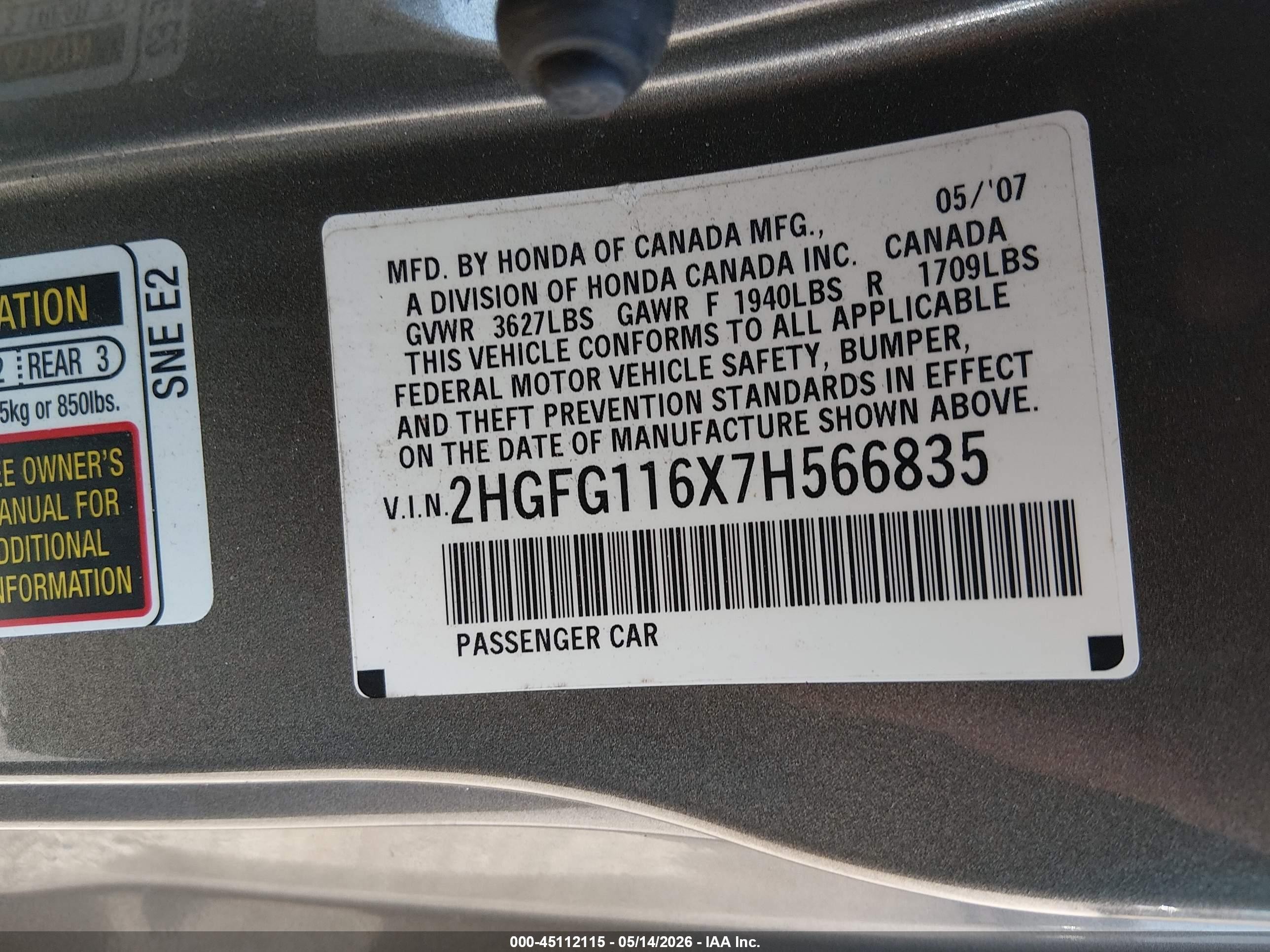 2007 Honda Civic Lx Gray vin: 2HGFG116X7H566835