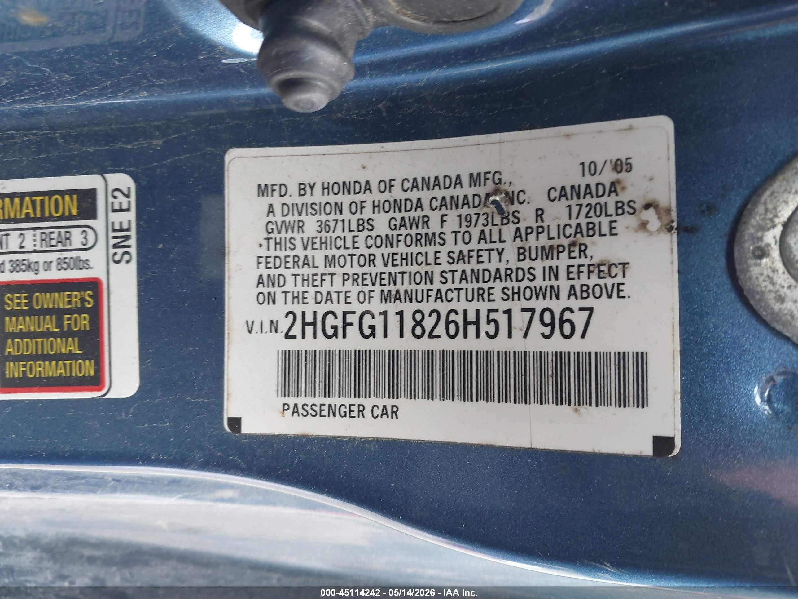 2006 Honda Civic Ex Blue vin: 2HGFG11826H517967