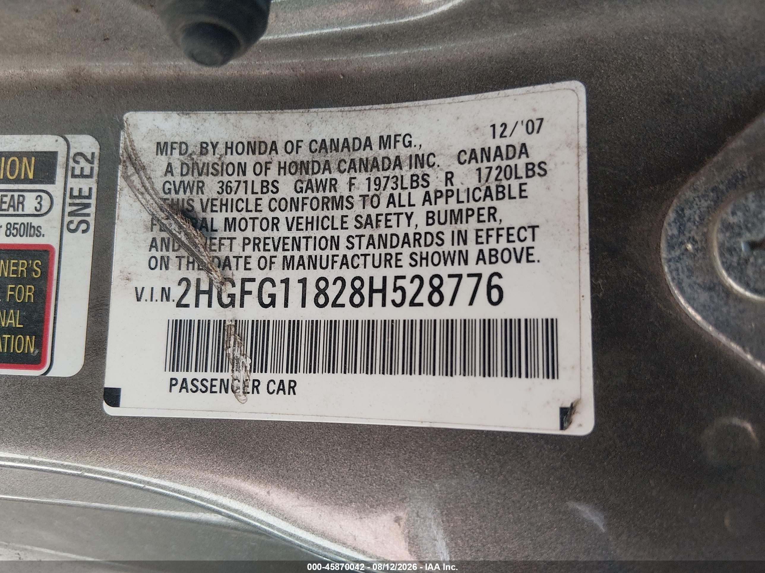 2008 Honda Civic Ex Серый vin: 2HGFG11828H528776