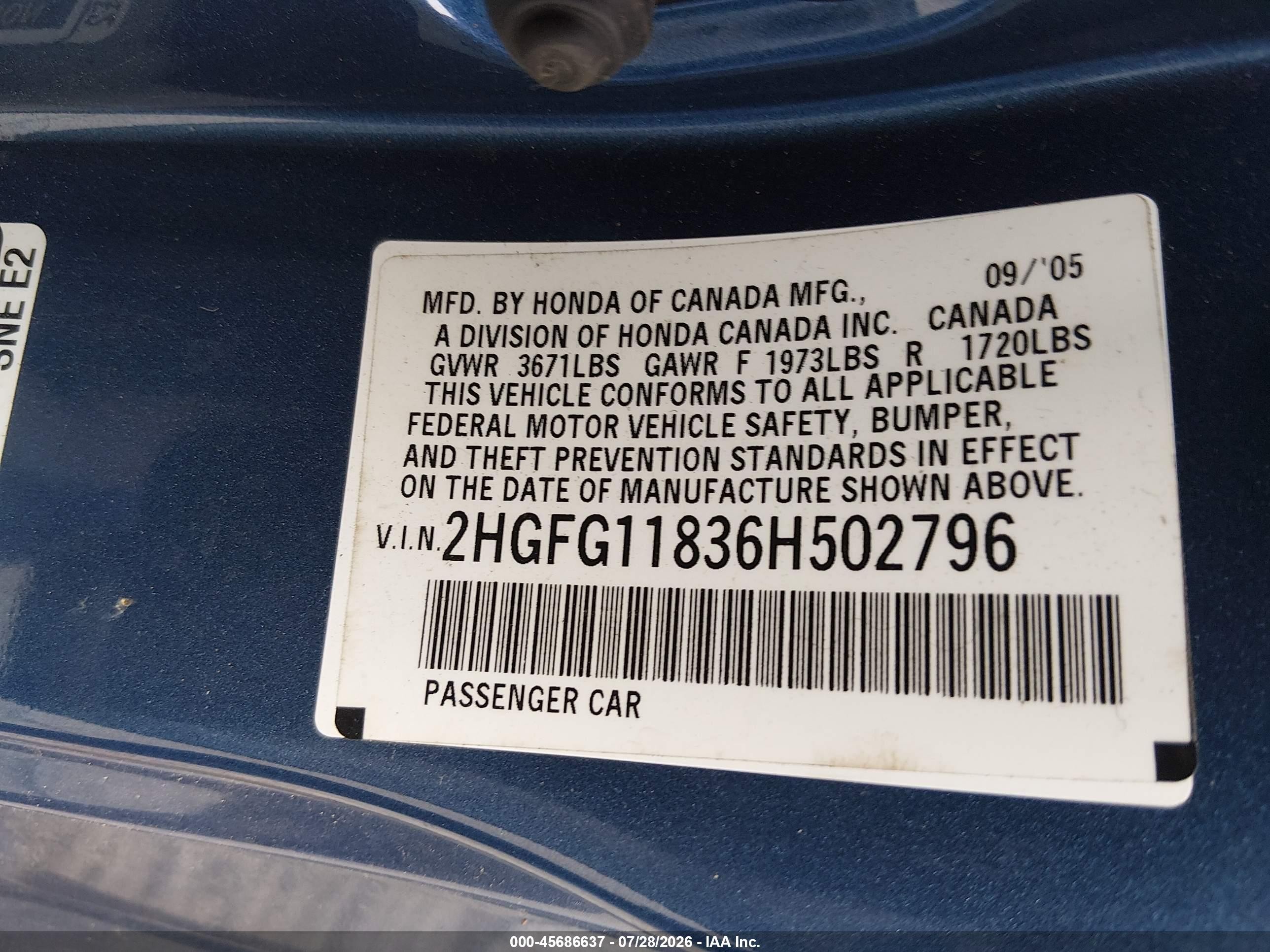 2006 Honda Civic Ex Blue vin: 2HGFG11836H502796