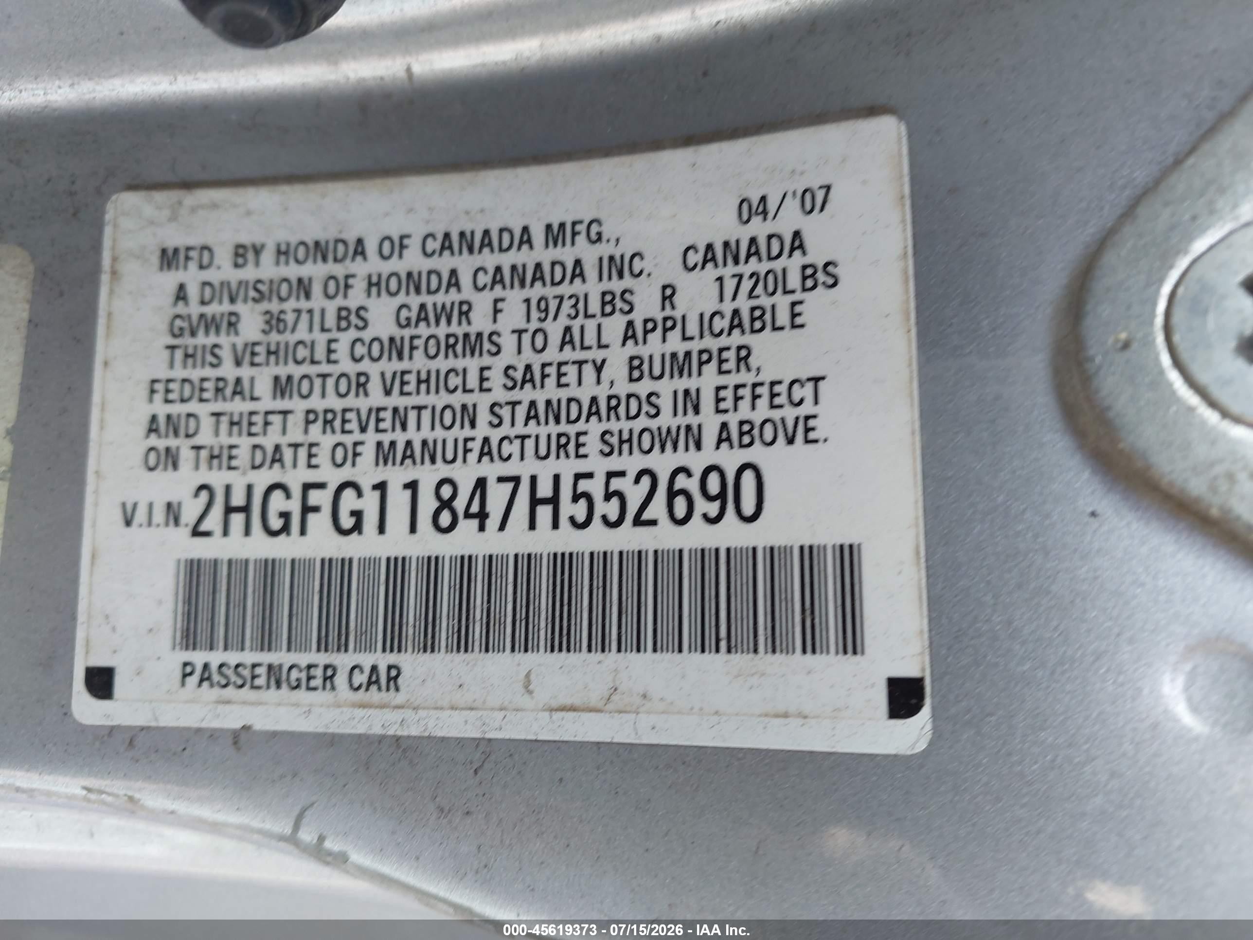 2007 Honda Civic Ex Gray vin: 2HGFG11847H552690