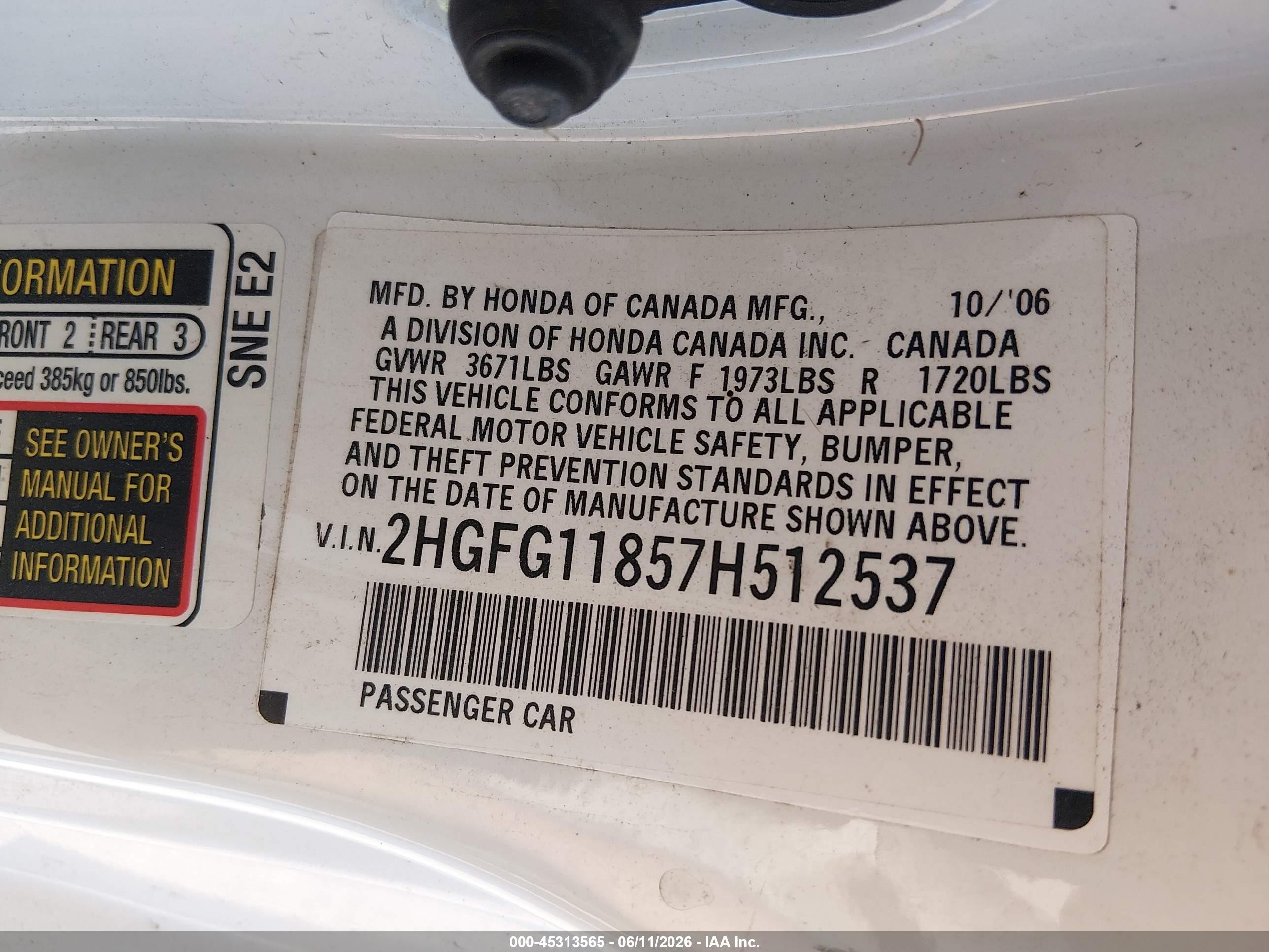 2007 Honda Civic Ex White vin: 2HGFG11857H512537