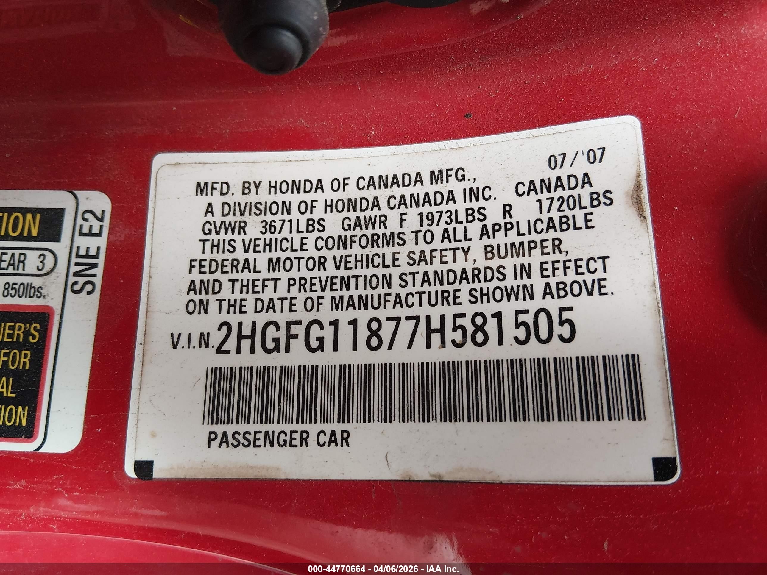 2007 Honda Civic Ex Red vin: 2HGFG11877H581505