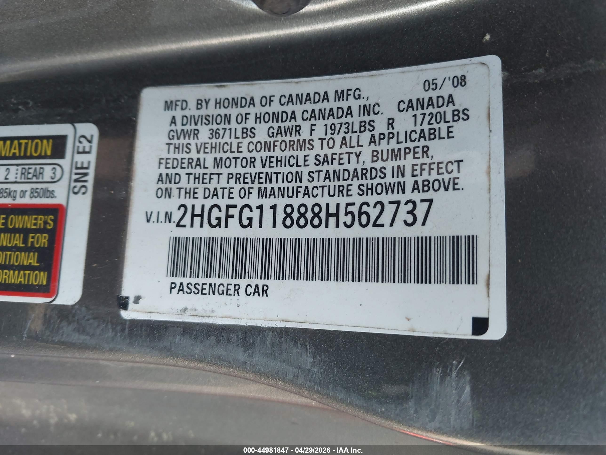 2008 Honda Civic Ex Gray vin: 2HGFG11888H562737