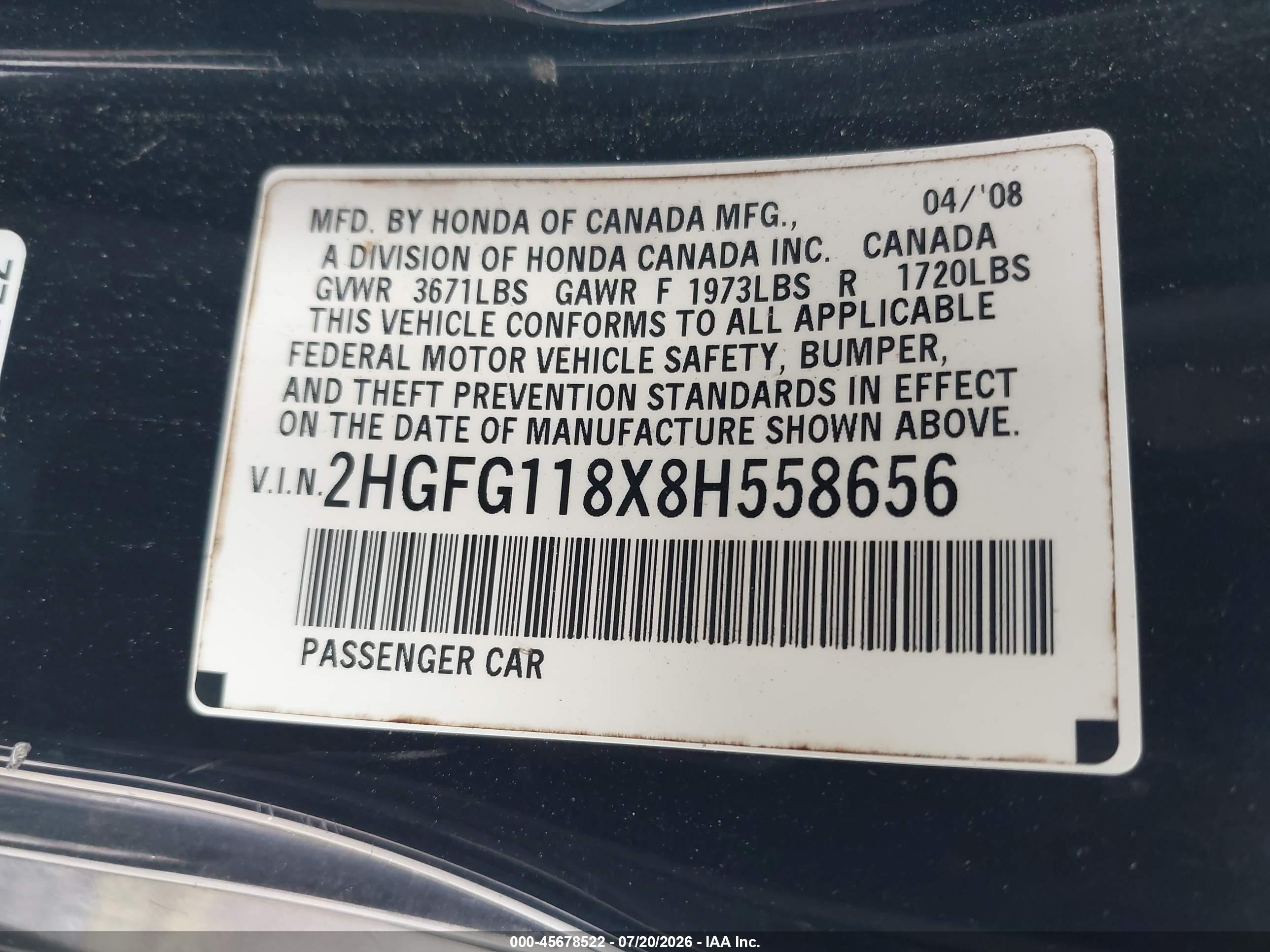 2008 Honda Civic Ex Black vin: 2HGFG118X8H558656