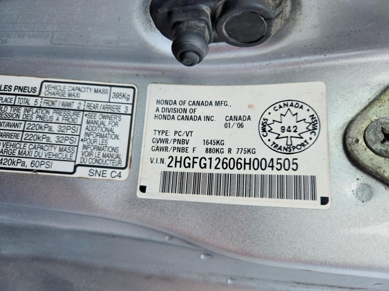 2006 Honda Civic Silver vin: 2HGFG12606H004505