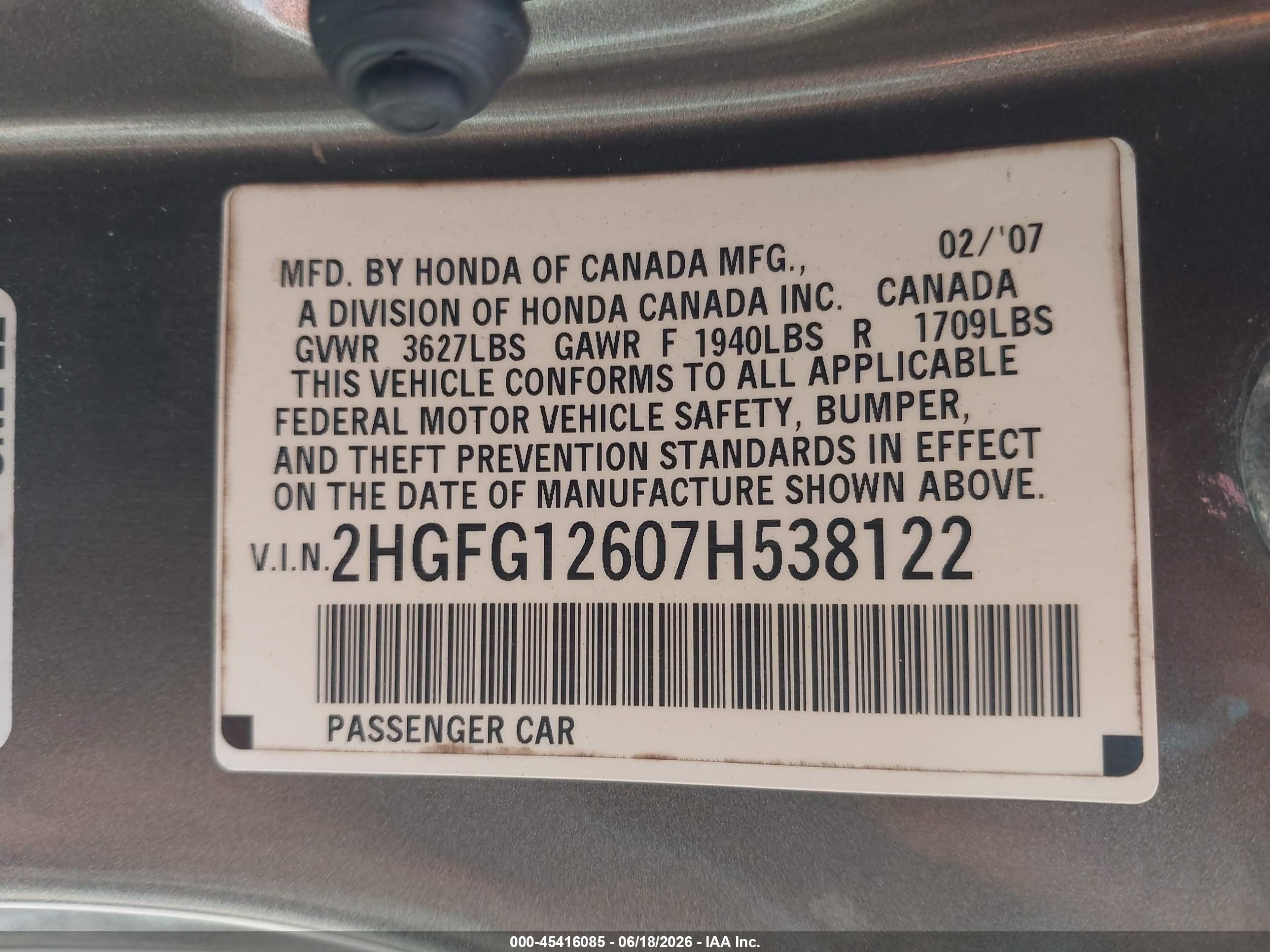 2007 Honda Civic Lx Light Blue vin: 2HGFG12607H538122