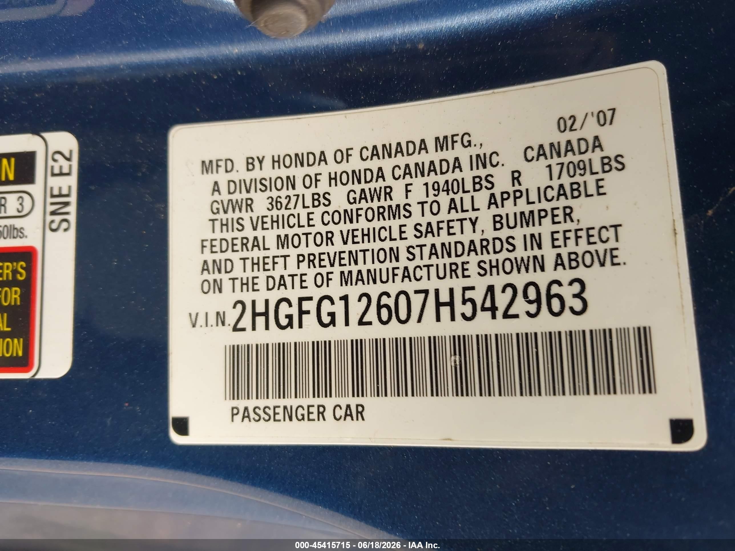 2007 Honda Civic Lx Light Blue vin: 2HGFG12607H542963