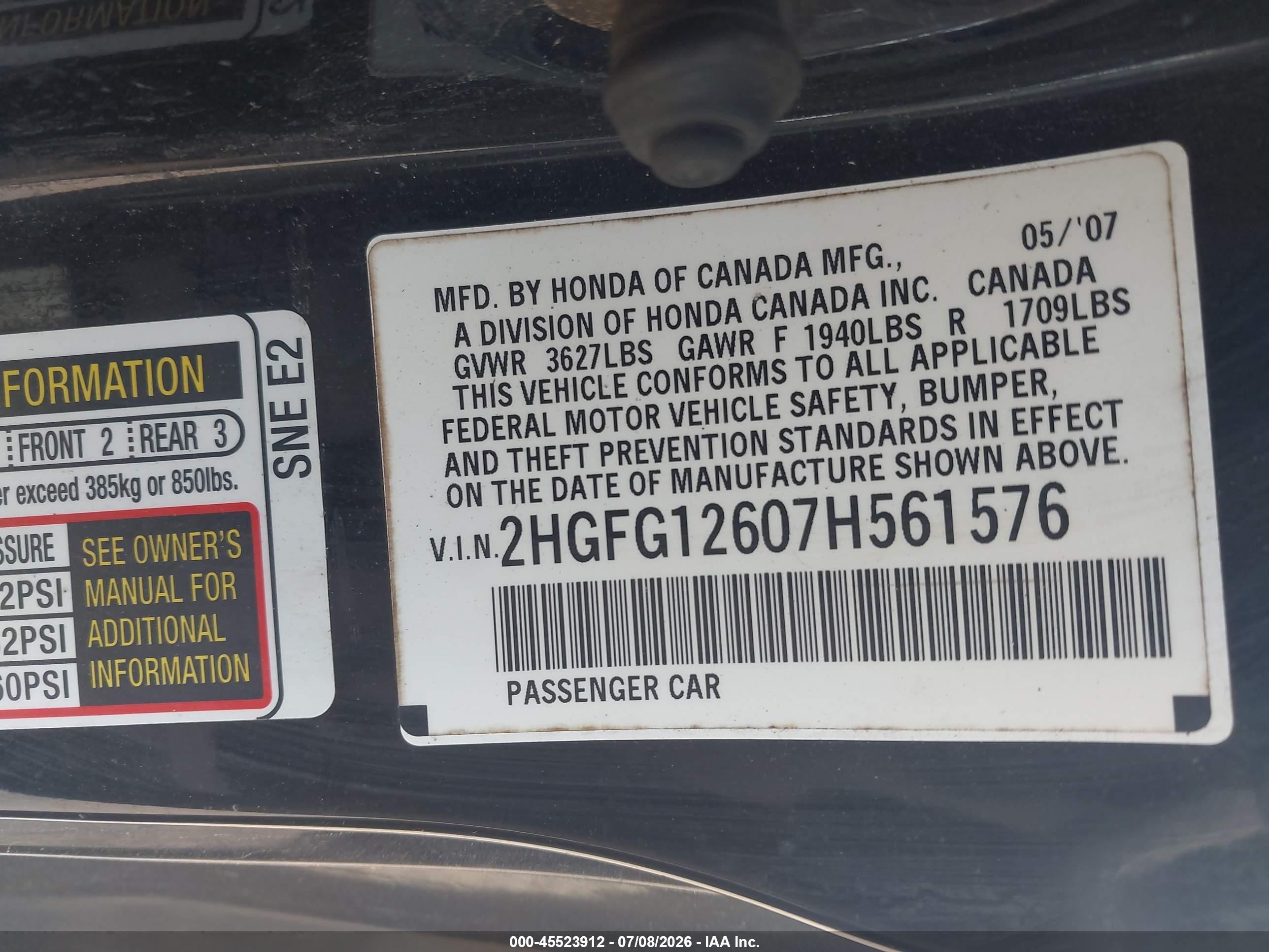 2007 Honda Civic Lx Black vin: 2HGFG12607H561576