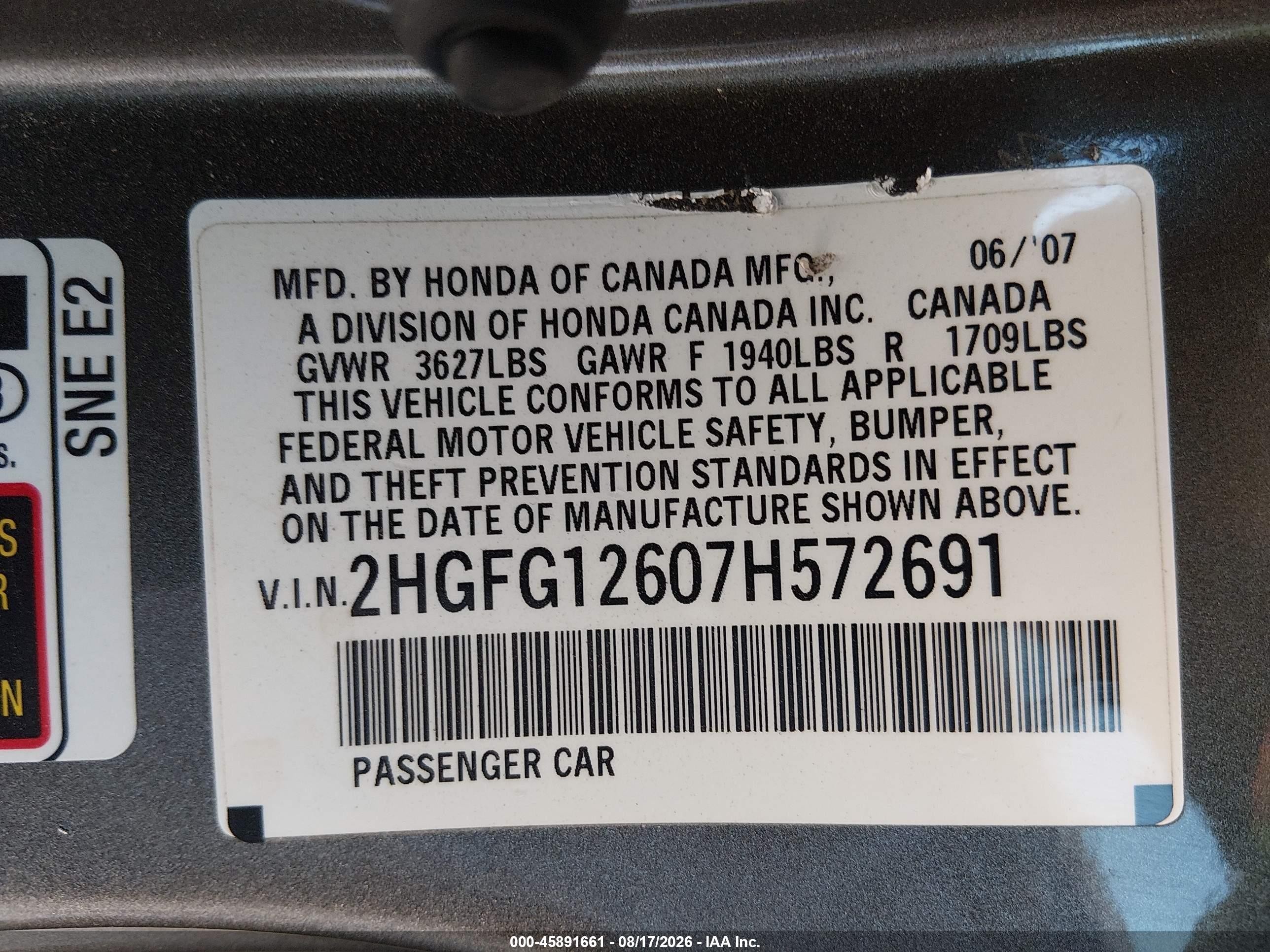 2007 Honda Civic Lx Silver vin: 2HGFG12607H572691