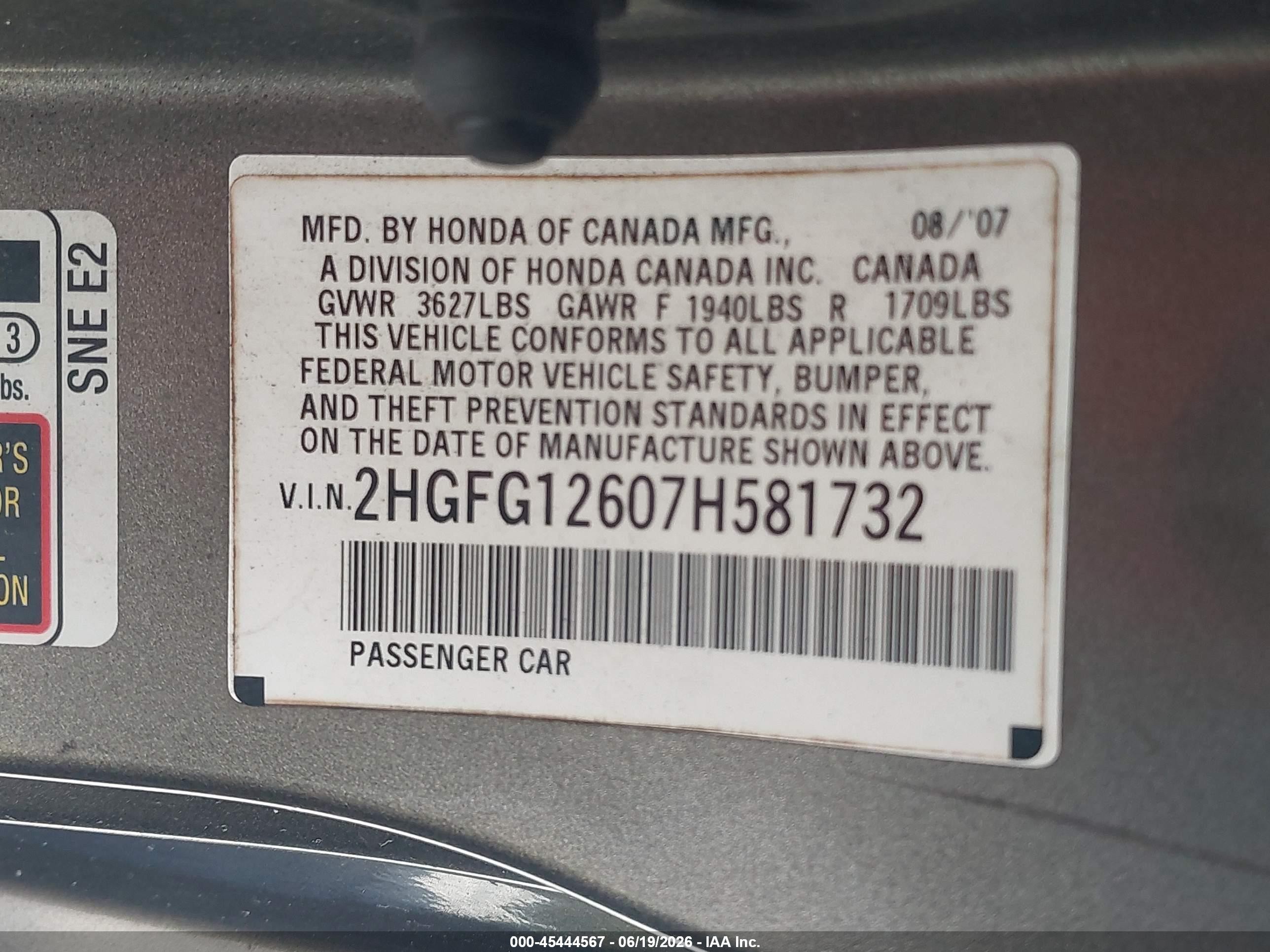 2007 Honda Civic Lx Gray vin: 2HGFG12607H581732