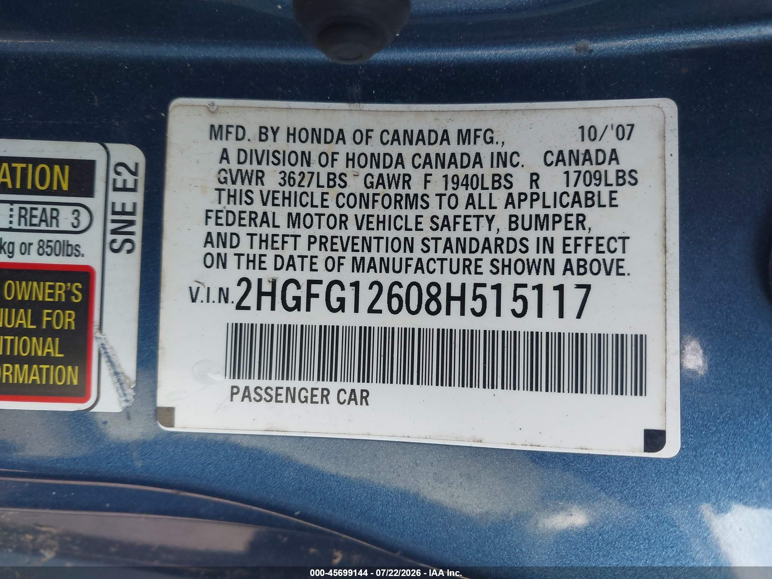 2008 Honda Civic Lx Blue vin: 2HGFG12608H515117