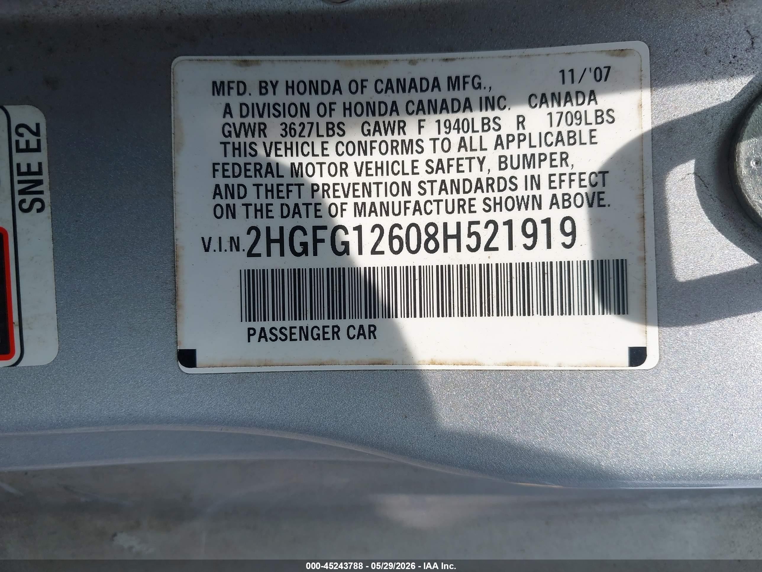 2008 Honda Civic Lx Серебряный vin: 2HGFG12608H521919