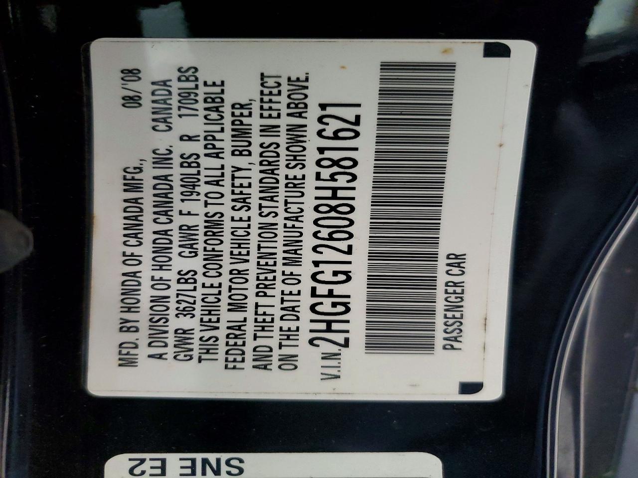 2008 Honda Civic Lx Black vin: 2HGFG12608H581621