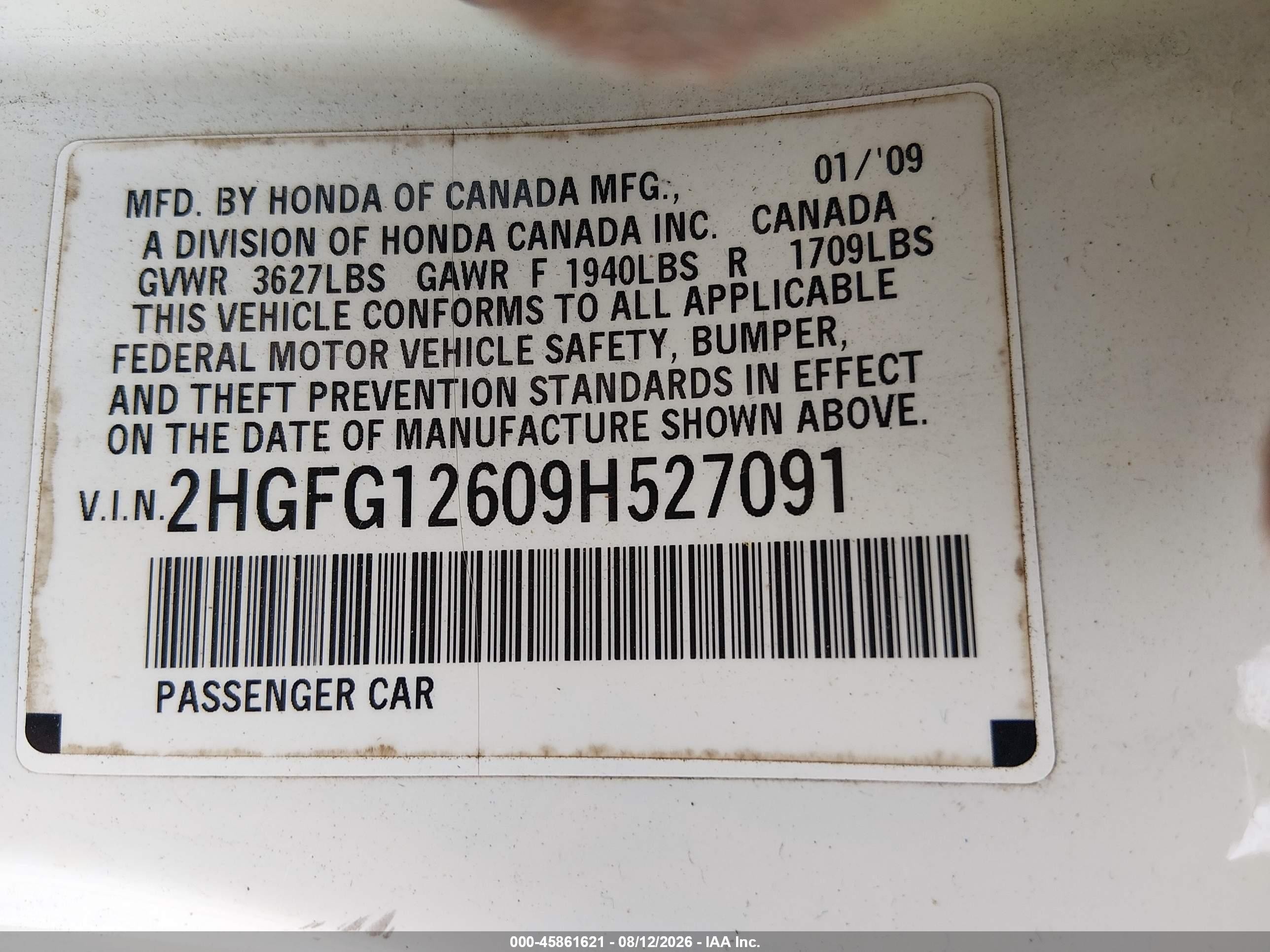 2009 Honda Civic Lx White vin: 2HGFG12609H527091