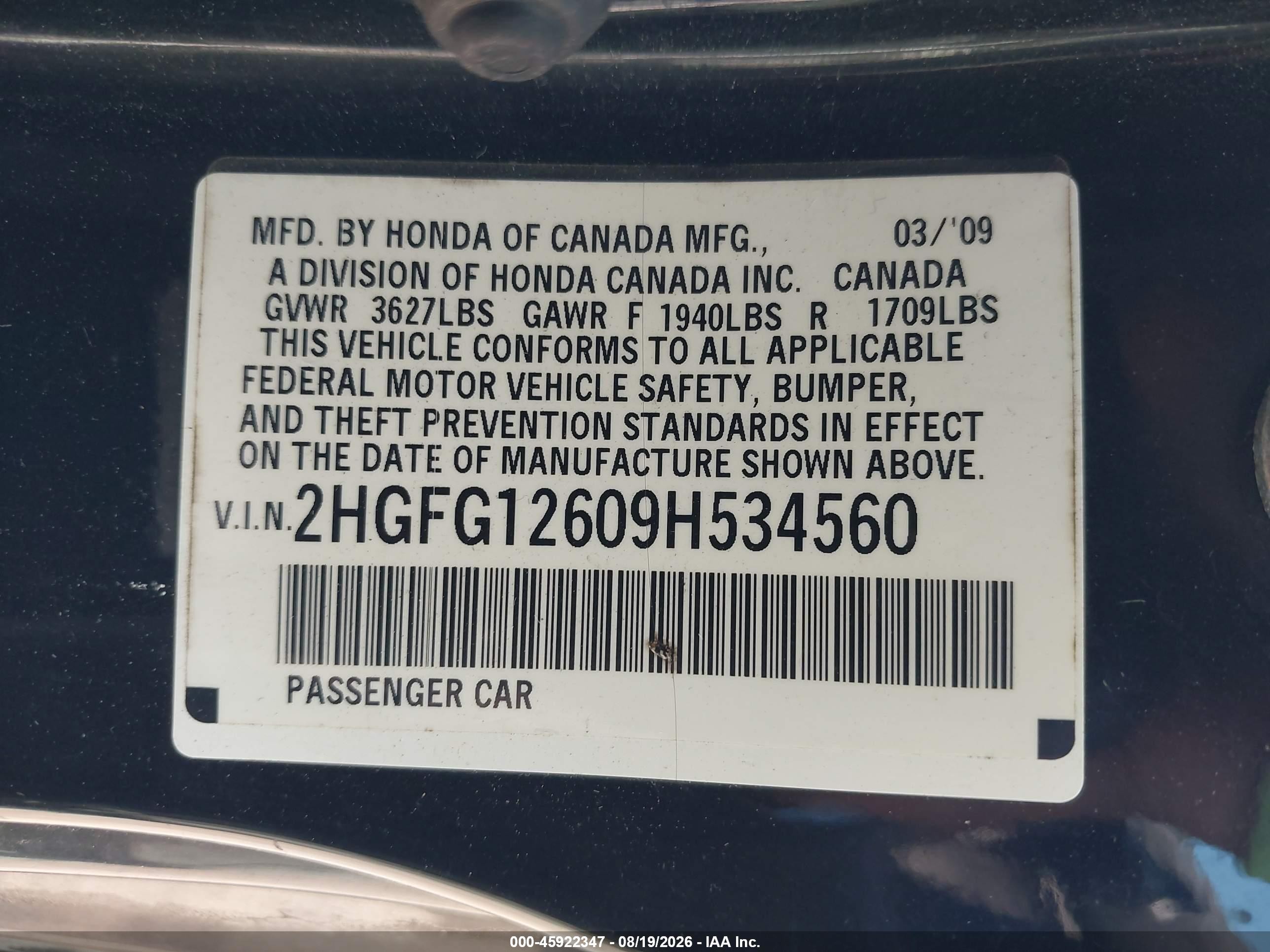 2009 Honda Civic Lx Black vin: 2HGFG12609H534560