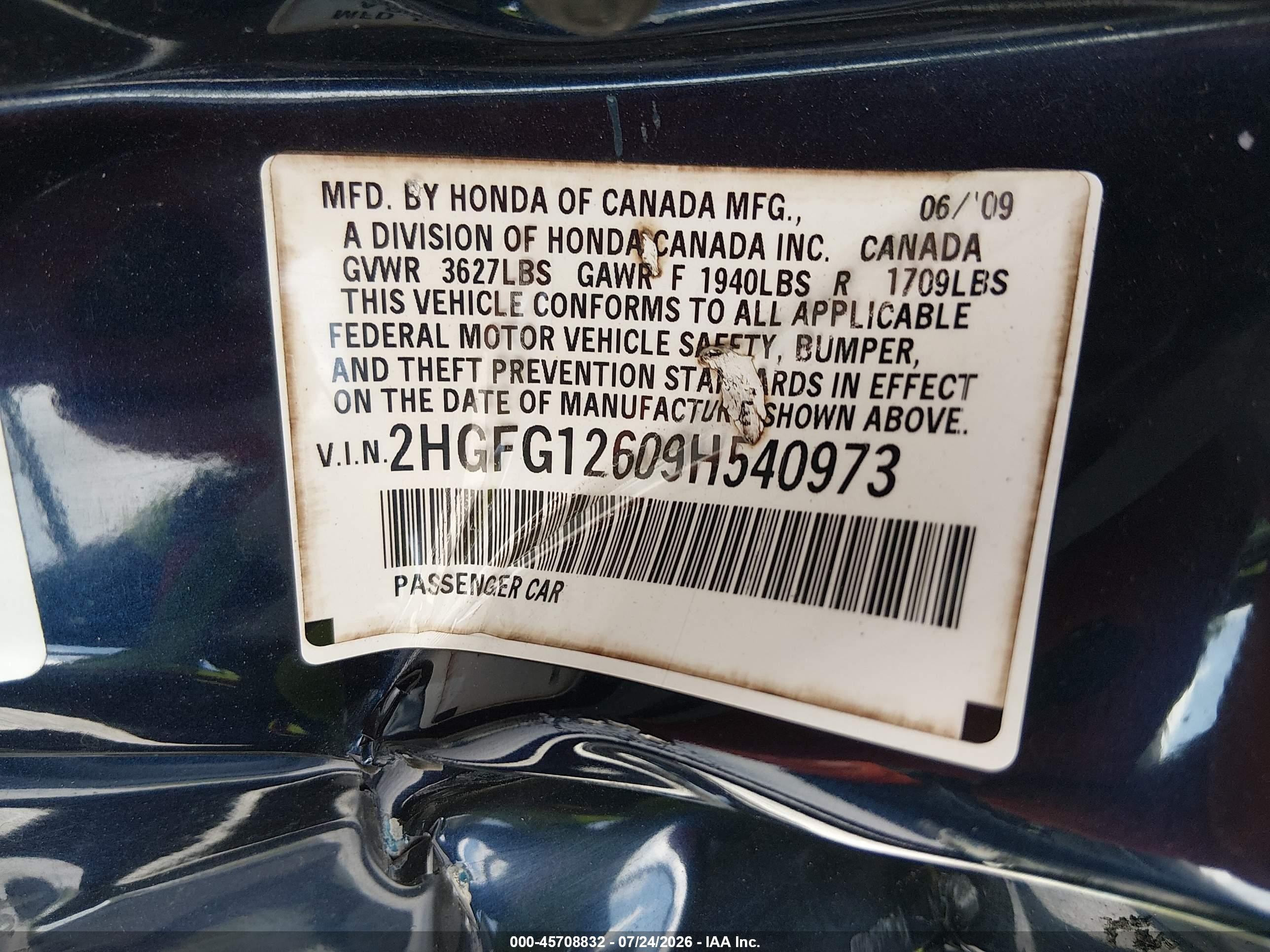 2009 Honda Civic Lx Blue vin: 2HGFG12609H540973