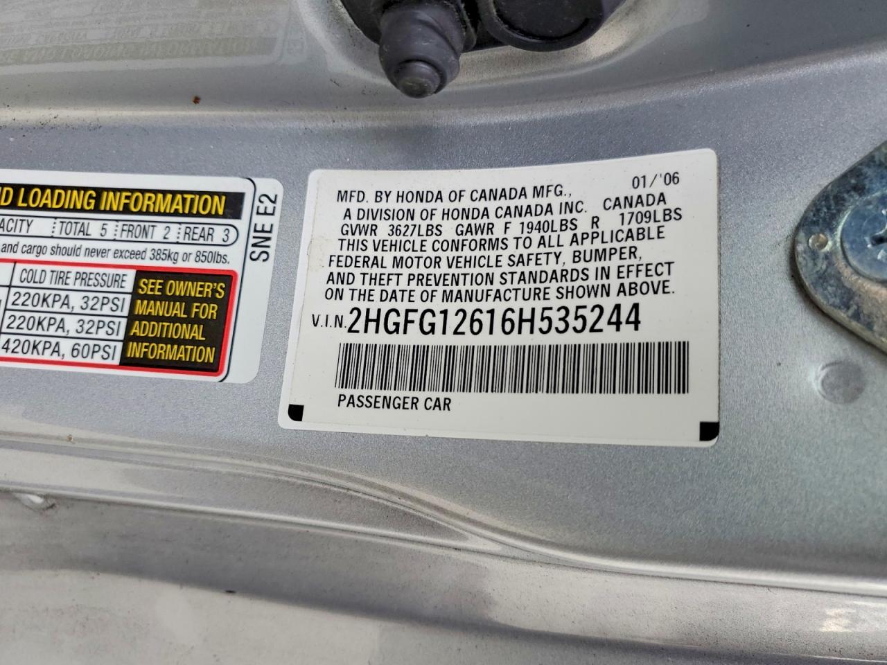 2006 Honda Civic Lx Silver vin: 2HGFG12616H535244