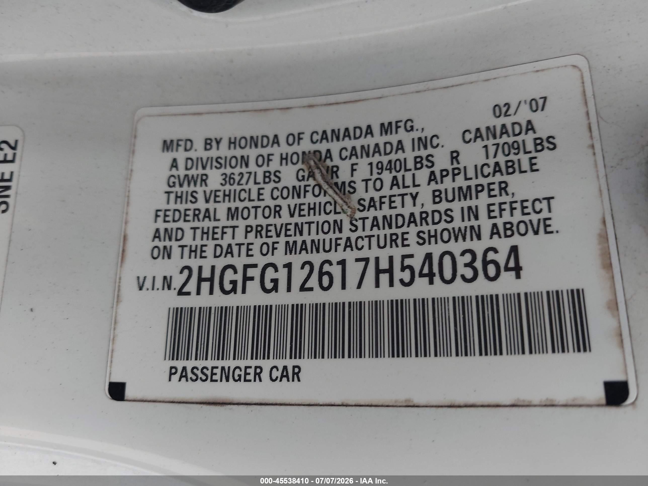 2007 Honda Civic Lx White vin: 2HGFG12617H540364