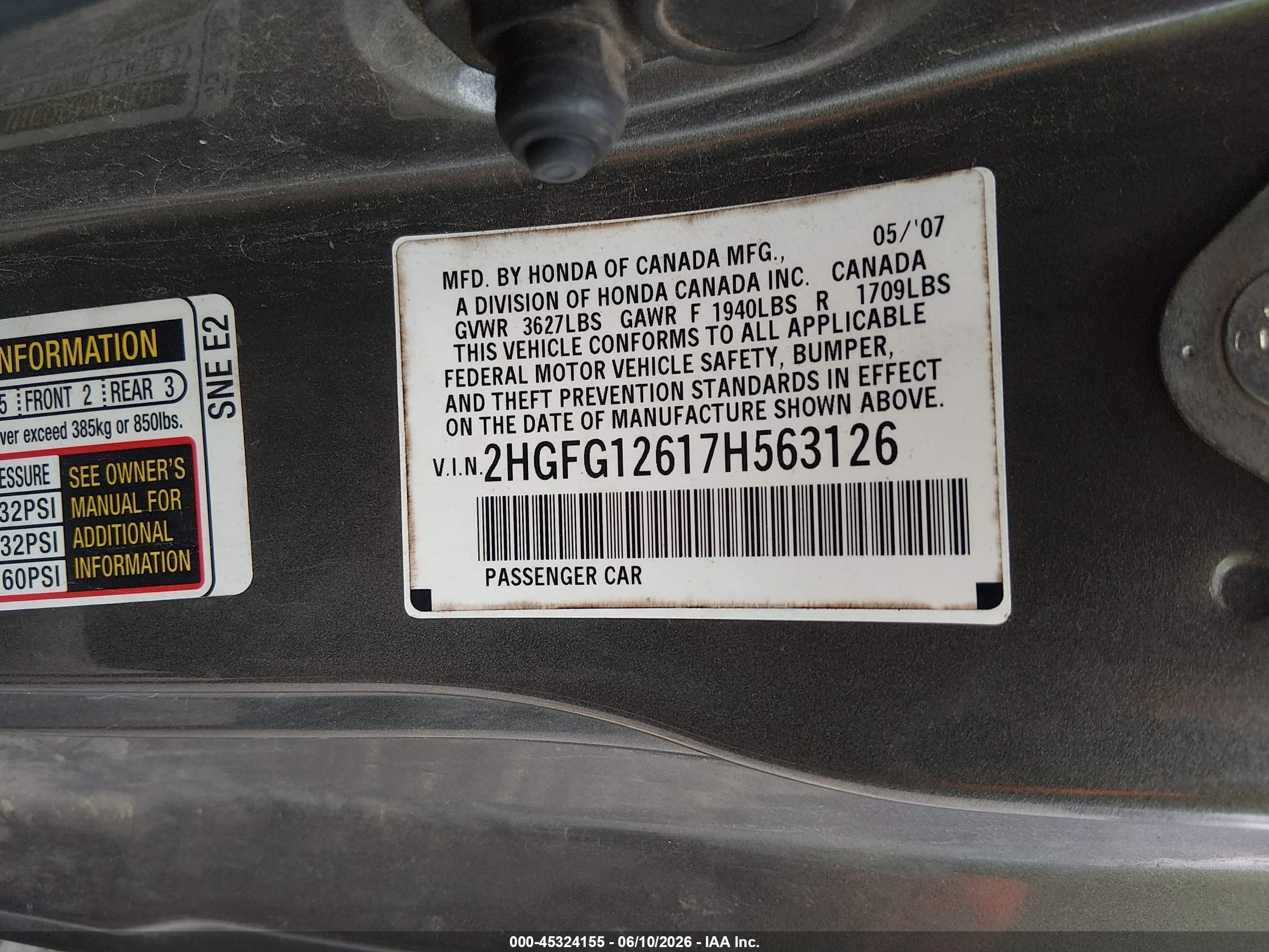 2007 Honda Civic Lx Gray vin: 2HGFG12617H563126